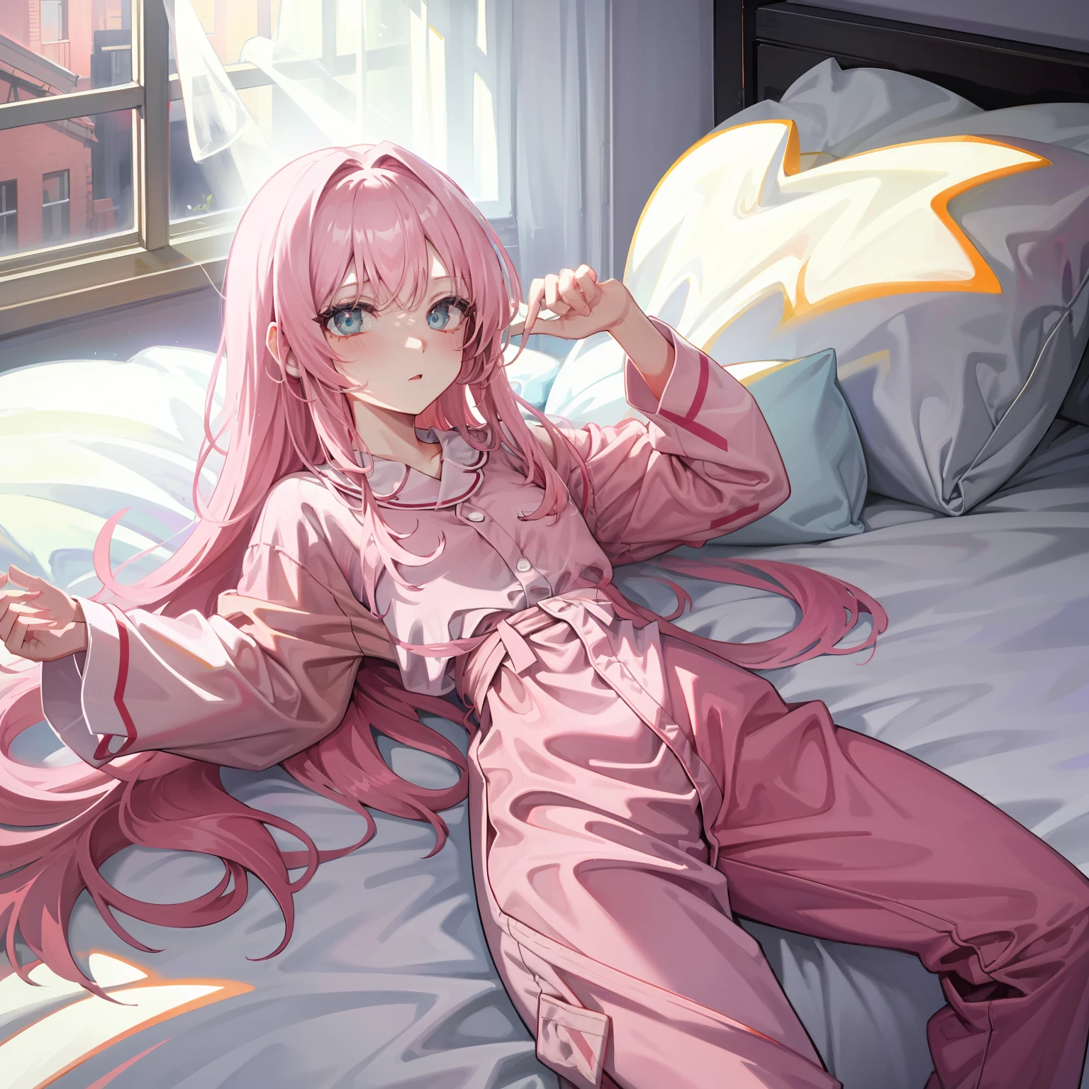 one-girl, pyjamas, In the room, Lie down in bed, long whitr hair, slimfigure, window,  White hair, Pink hair, Gradient hair, Cinematic lighting, Ray tracing, back lit lighting, modern, 8K, ccurate, Masterpiece, High details, High quality