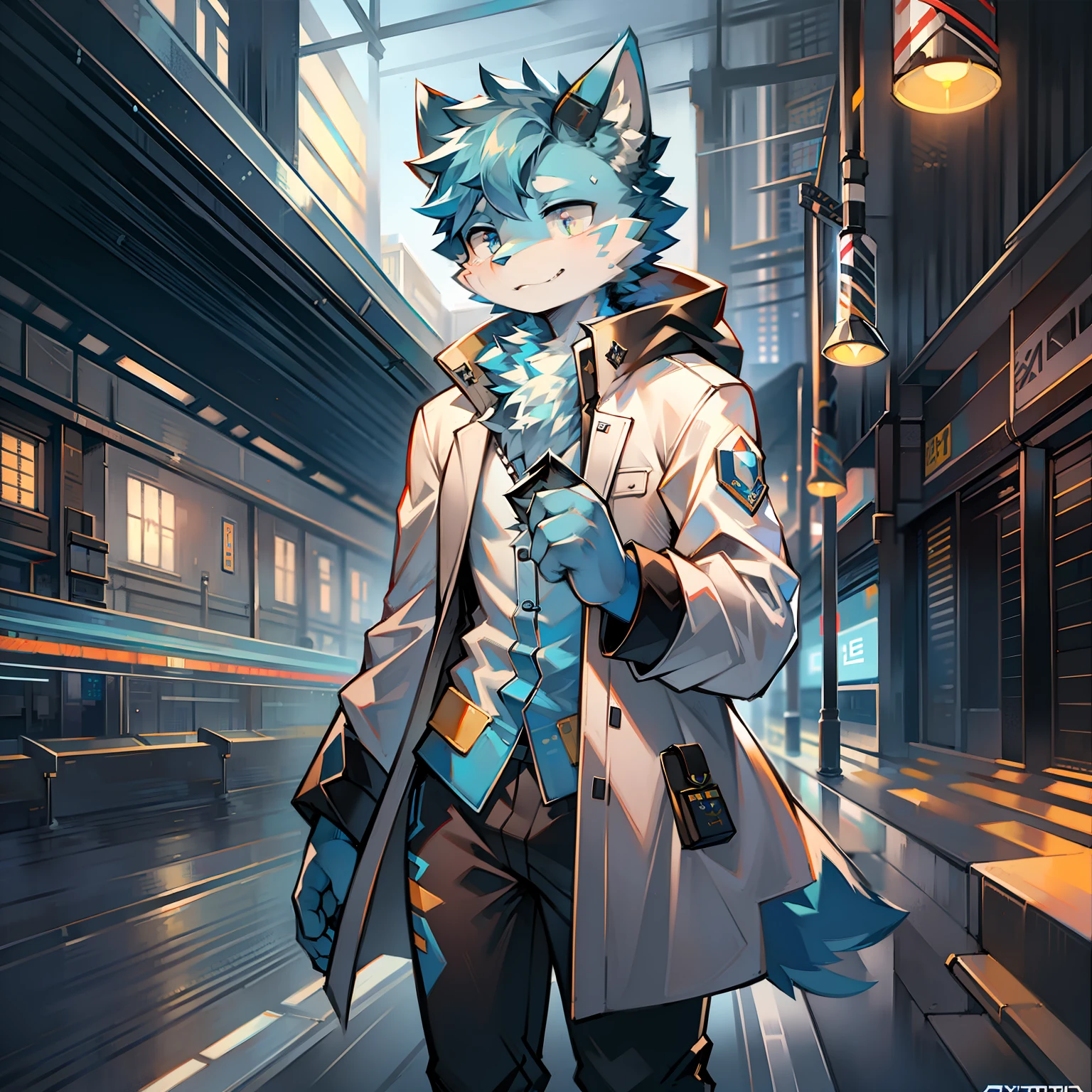 Cybermetropolis，Thunder，drifting snow，Male blue cat，Electronic left eye，Chinese trench coat，Train station