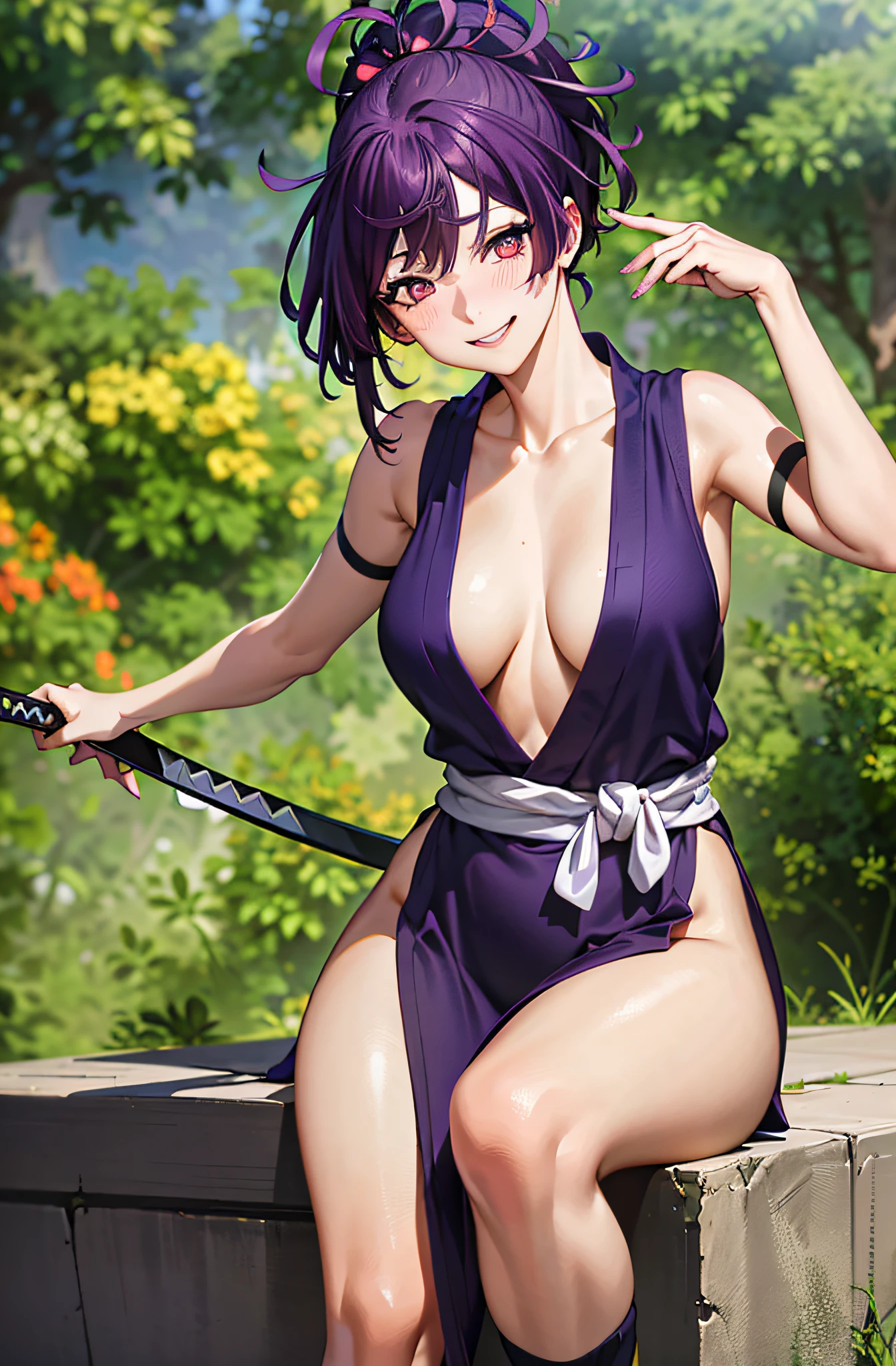 best quality, masterpiece, (leaning over:1.4), 
1girl, yuzuriha_(jigokuraku), purple hair, brown eyes, ninja, open clothes, cleavage, small breasts, topknot, medium hair, breasts apart, seductive smile, pants, undressing,  (blush:1.1),  japanese exterior, temple,