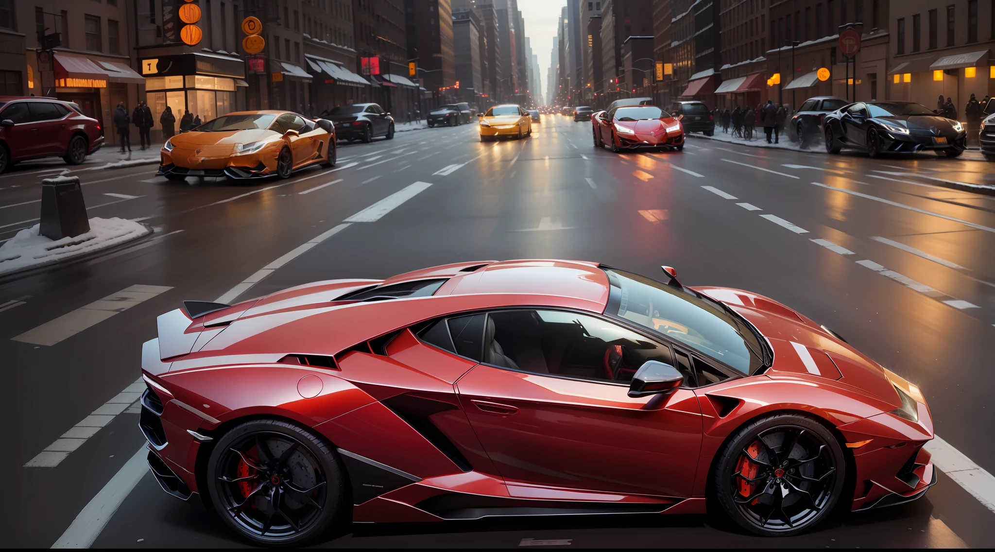 7 o'clock in the evening on a winter day in New York City
A red Lamborghini car is moving at a speed of 200 kilometers per hour on the Manhattan street