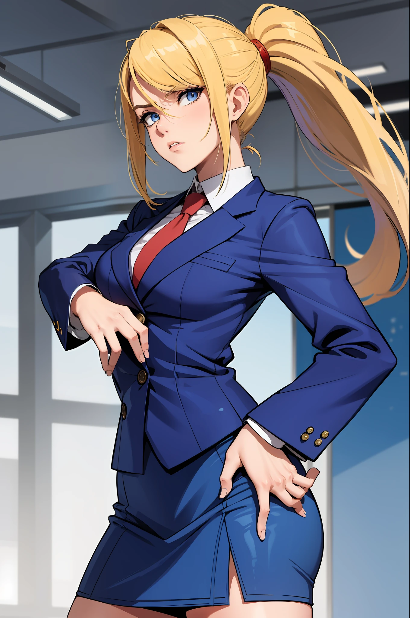 masterpiece, best quality, samus aran, ponytail, hair tie, blue skirt suit, blue blazer, blue pencil skirt, upper body, looking at viewer, furrowed brow, hand to hip, office background