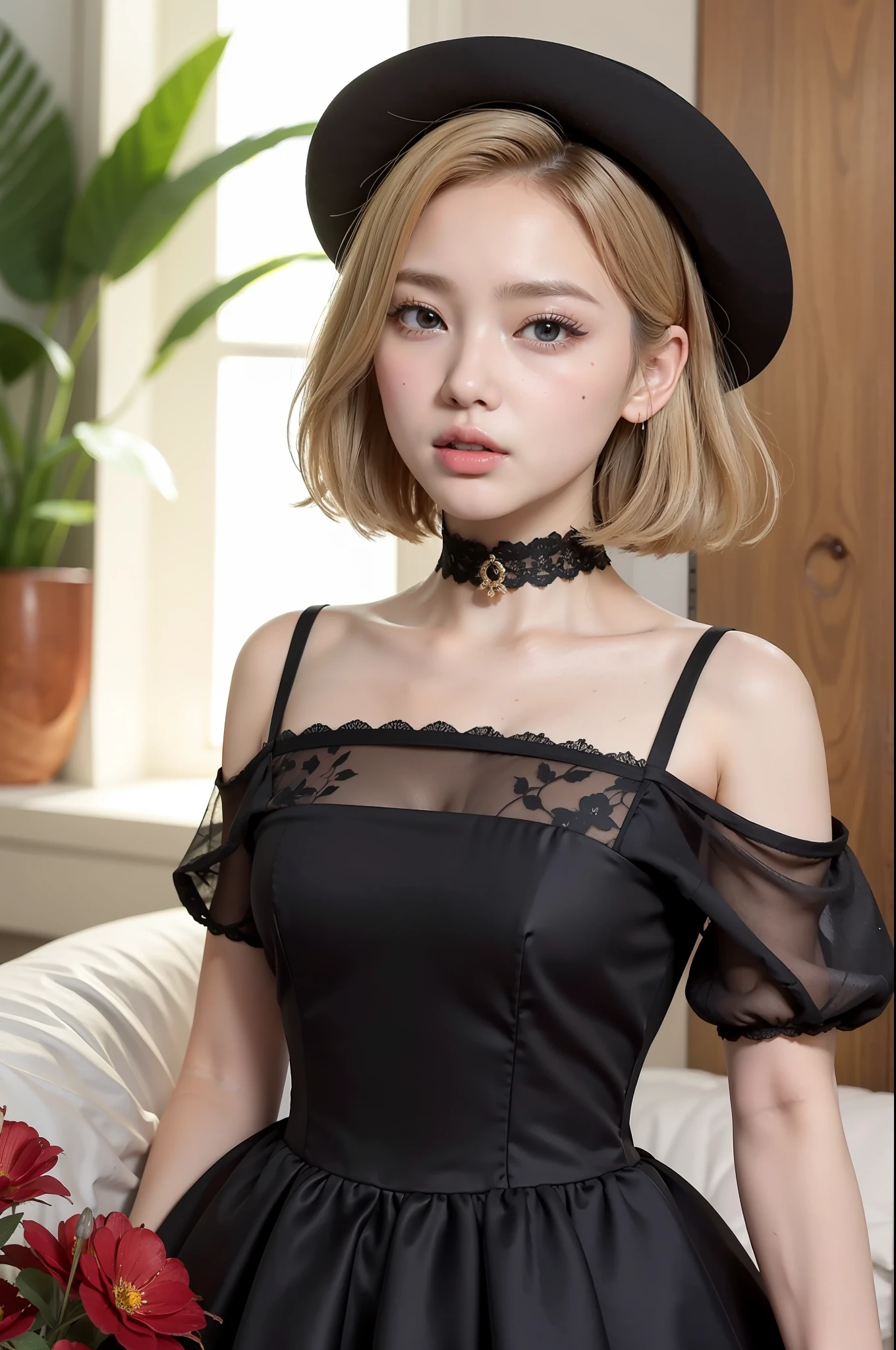 Photo Real、photoRealstic Golden hair、Depigmented hair、Short hair、Straight hair、bangss big eye、with round face、Plump cheeks、The contours of the face are round、a small face、a baby face japanes、sixteen years old、tiny body、skinny body、young body、Soft thighs Black Mini Hat、Cosplay、Red dress、Black dress、Dresses that stand out、Dresses with a lot of decoration、a short skirt、Unique clothing Adult Pose、Bold poses、Faces close、Face Close-up、Licking the air、Lick boldly、Fluid around the mouth、saliva、Mushy liquid Background with、An old-fashioned and Western-style mansion、Western-style castle、a castle yard、flower garden、Red flowers