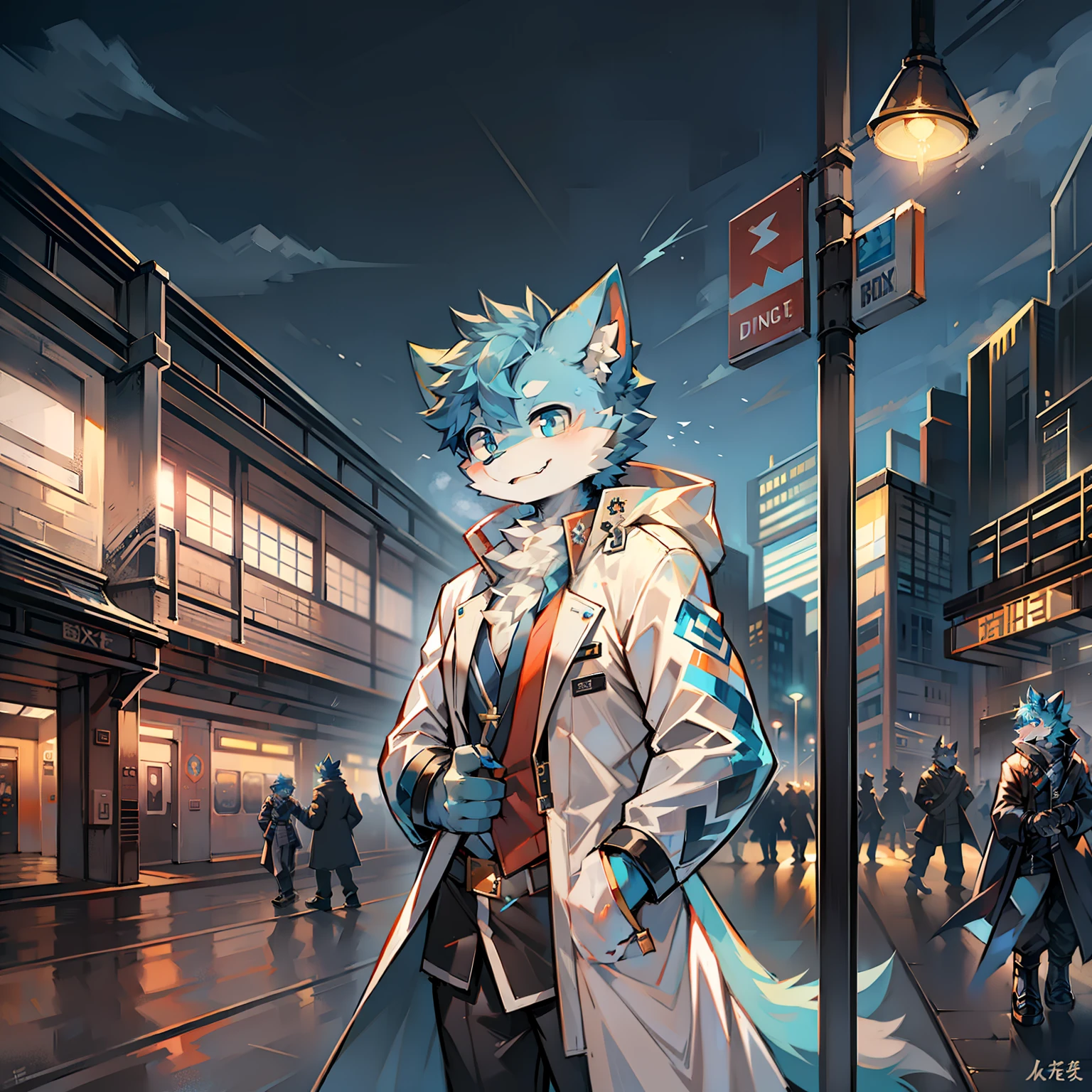 Cybermetropolis,Thunder,drifting snow,Male blue cat,Electronic left eye,Chinese trench coat,Train station