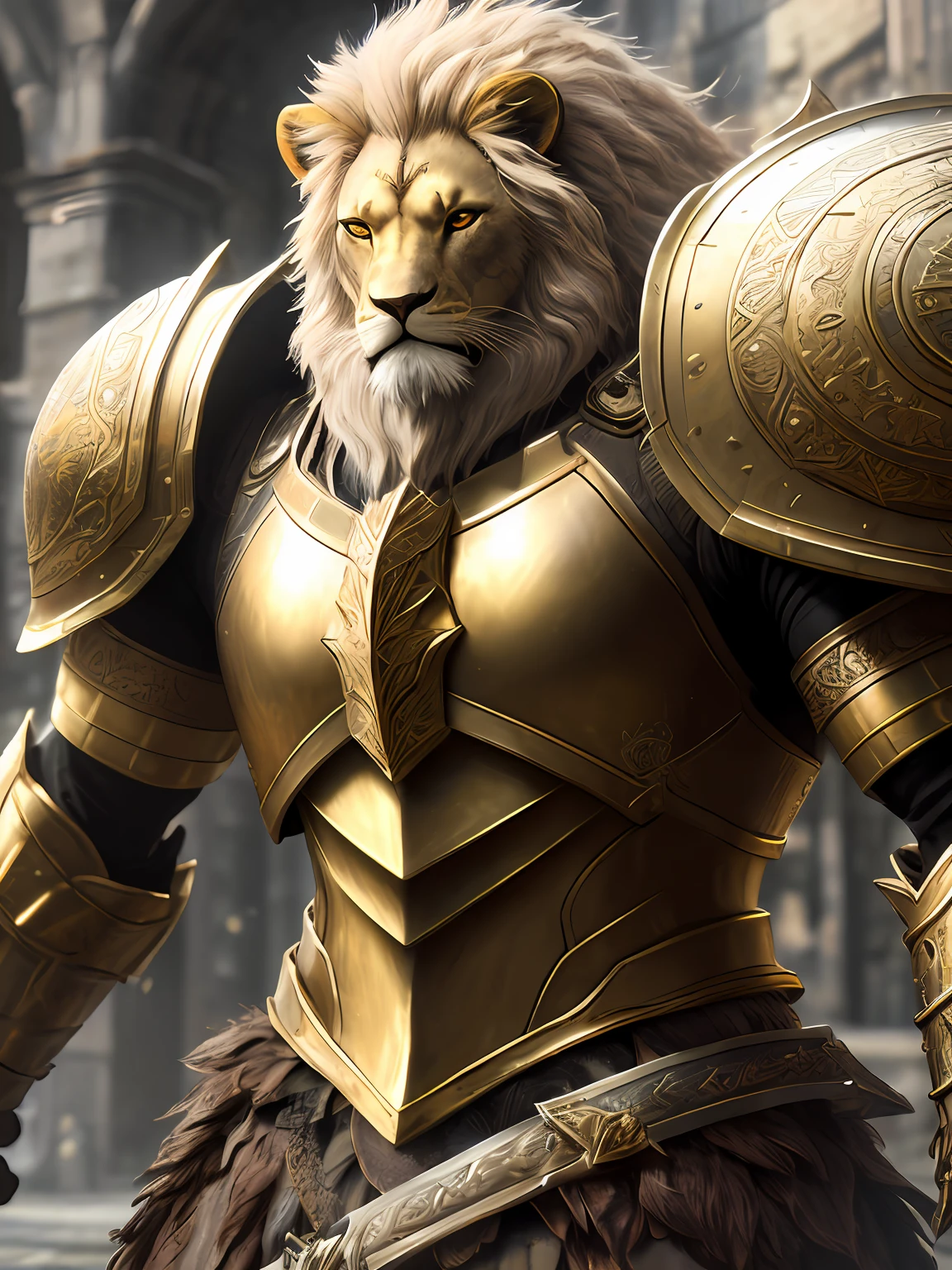 ,Gold armor,metalictexture,lion head,hairy,Strong muscular man, street angry, Two-shouldered greatsword, epic realistic, Photo, Faded, complex stuff around, intricate background, soaking wet, com cores neutras, ((((hdr)))), ((((pastel colour)))), intricate scene, art stations, Intricate details, Vignette