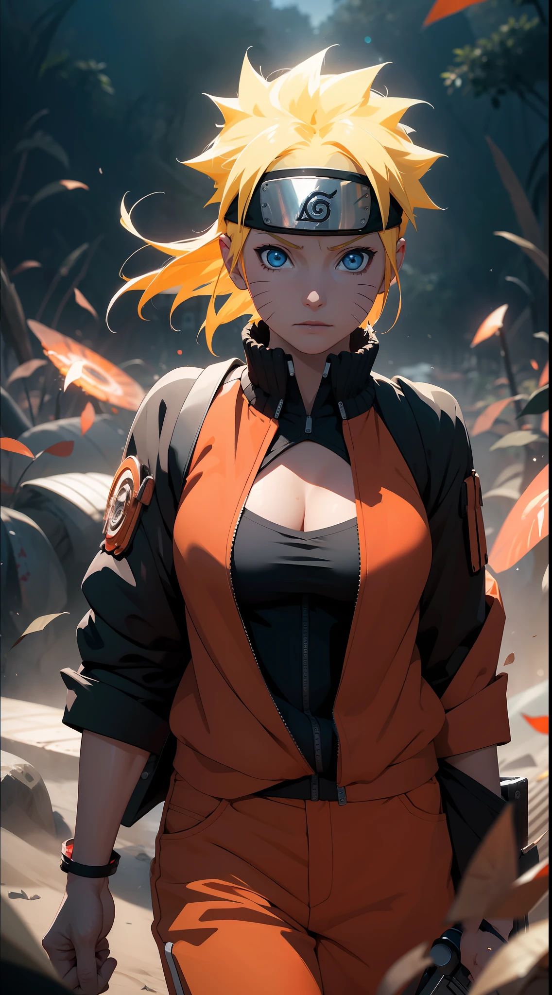 Naruto Uchiha Vortex is super realistic，detail-rich，Super short blonde hair，Orange clothes，Forehead，one-girl，Large breasts，cleavage，Be red in the face，Yellow hair，best qualityer，tmasterpiece, Johnny Depp walks across the beach at night among fireflies，sharp fokus, contrasty lighting, Delicate skin, High resolution 8K, insanely details, realisticlying, professional photoshooting, 8K  UHD, SLR camera, softlighting, high high quality, filmgrain, Fujifilm XT3，Keep one's mouth shut，particle fx