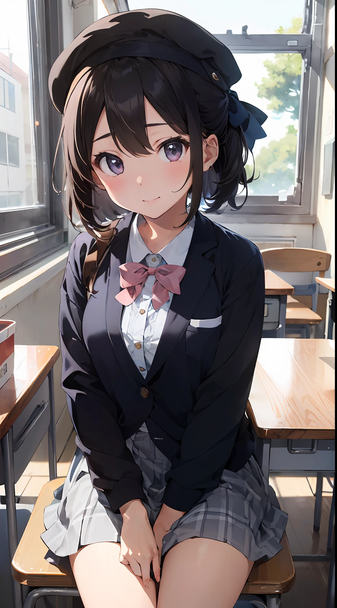 Masterpiece to the smallest detail、top-quality、realisitic、1girl in、独奏、18year old、Looks like 5 years old、140cm petite beautiful girl、small tits、5 year old baby face、Silky hair、Gradient bob in the forward、Pink and violet mesh、Tall, big eyes、Outstanding looks、A lovely child、proximity、closed_mouth、a smile、red blush、full of shyness、blue headwear、Hats、pink bowtie、校服、 Blue Blazer、blazers、Pretz skirt、grey skirt、Silk blouse、White blouses、an legs、Black socks、sitting on、Classroom、hair_ornament、looking_at_viewer、beatiful detailed eyes、Realistic eyes、panties on、unclear、Professional effects、unclear、Enhanced elegance、Innocent、wretched、maidennurse