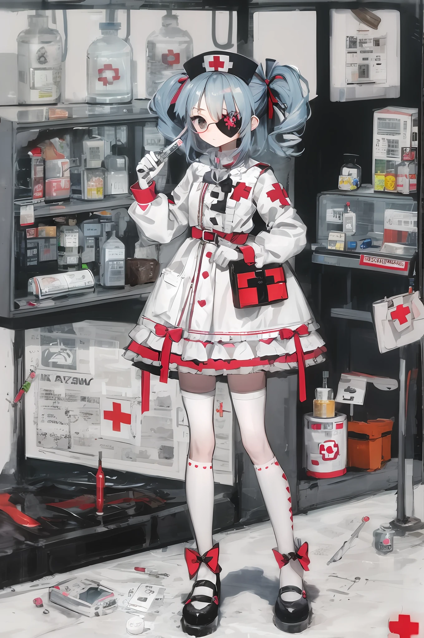 Lolita prostitute,Gorgeous dress,mitts,curlies,very intricate,Exquisite,shift dresses,Bow knot,frilld,ribbon,bandagens,Nurse style,Huge syringe,pill,Red Cross,Y2K,E-girls,Unilateral eye patch,Love decoration,subculture,Sick,bloods,laughingly,Avant-garde and innovative clothing design