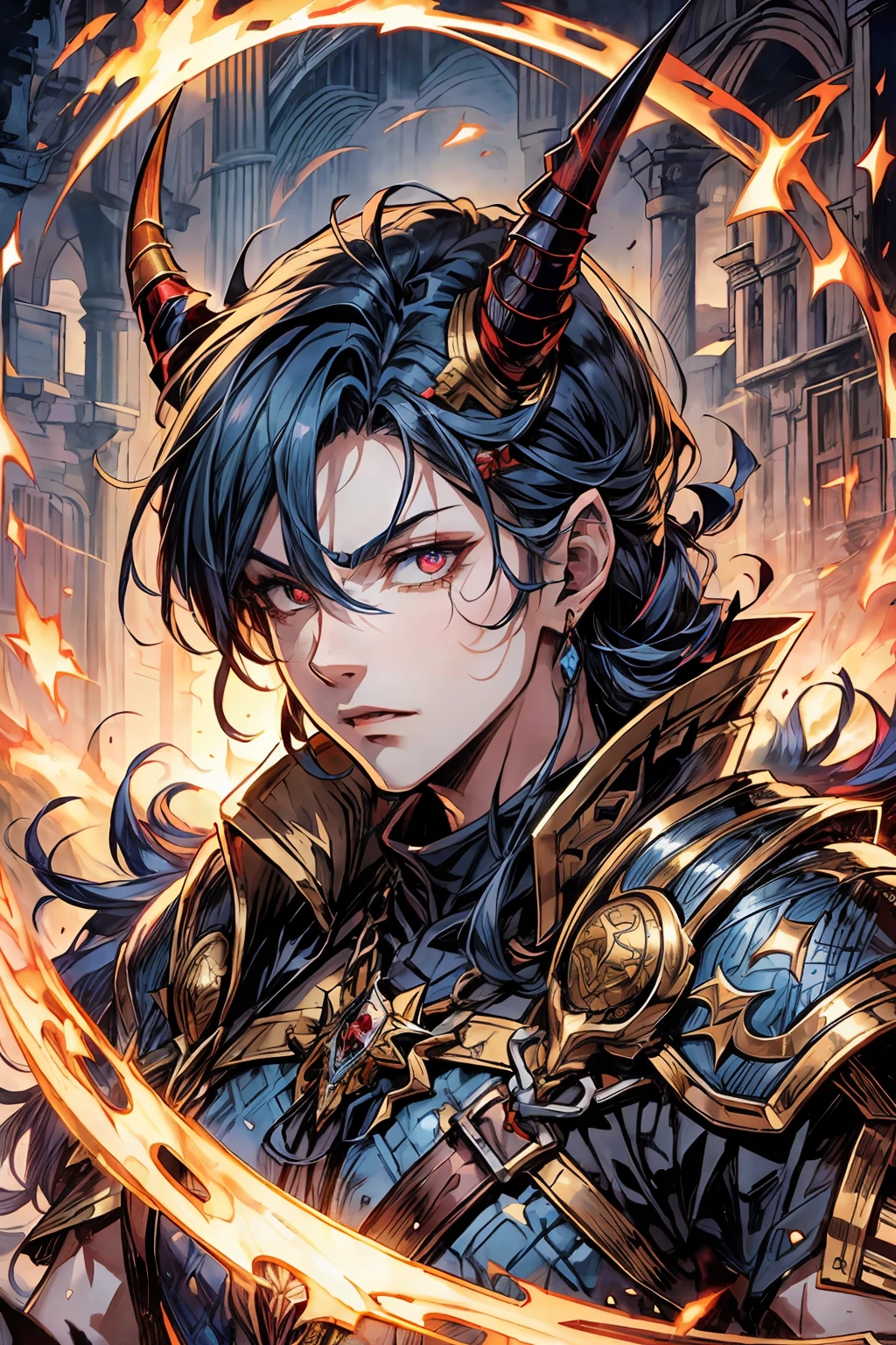 best images quality,tmasterpiece,超高分辨率, ultra-realistic realism, dream-like, Saint Samurai,Divine magic,Heavy chainmail,Barrier creation,Guardian of Magic,Guardian runes,Holding a delicate round shield,Tomahawk in hand,The devil of the human appearance with a broken horn on his head,dardark blue hair,Scarlet eyes,The background is golden holy light