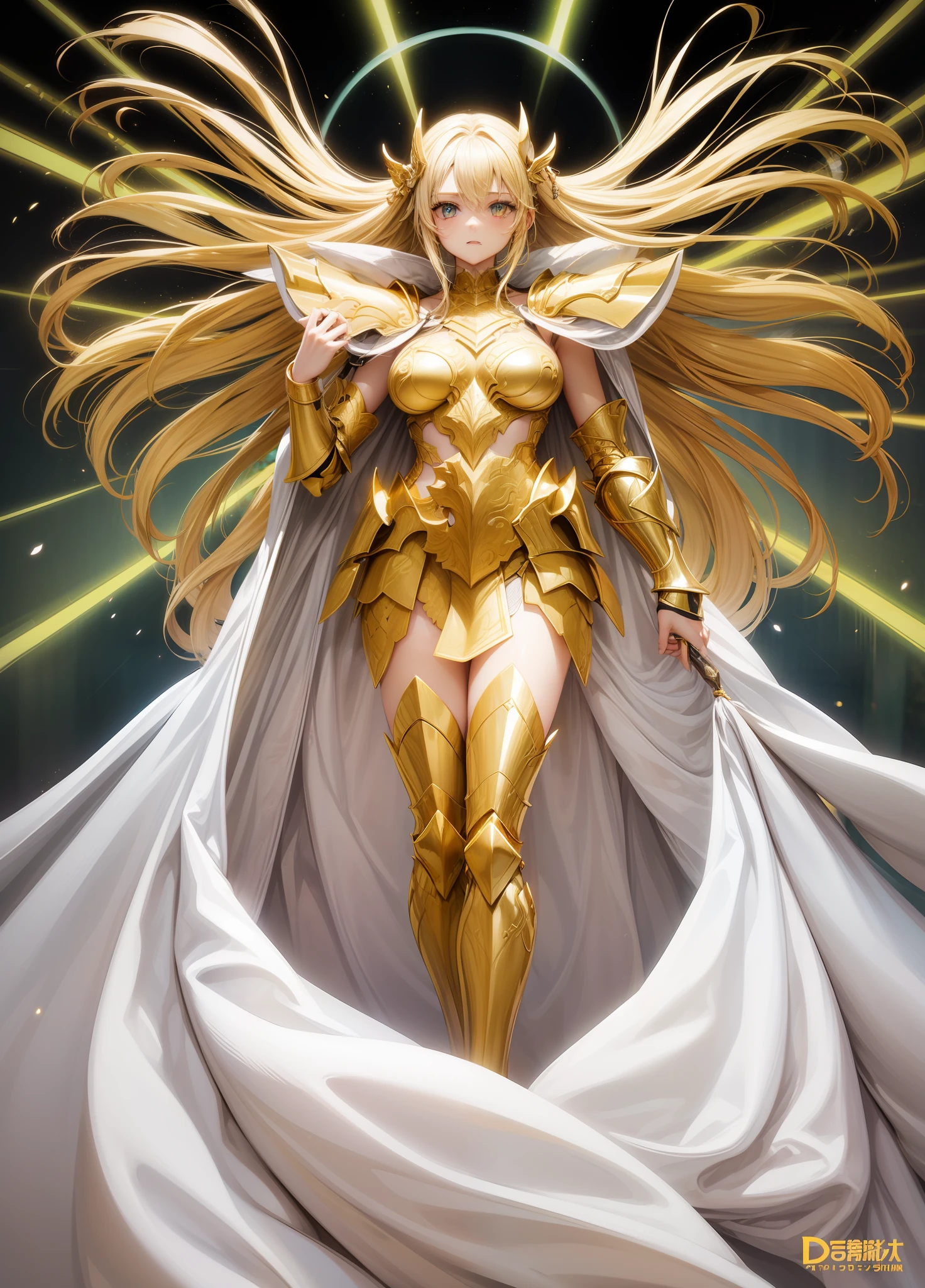 Photorealsitic、girl with１a person、Shaka's Gold Armor、Colossal tits、closing eye、Deities々Backlight、Blonde long hair