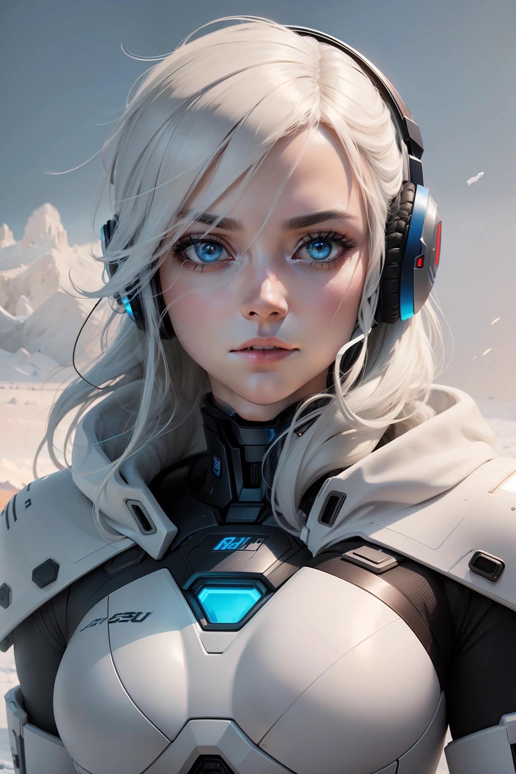 "Create a piece of digital art of a robot's face looking forward, with a serious expression, onde um lado do rosto se assemelha a um humano, enquanto o outro lado representa um androide. The entire image is set in a frozen, Paisagem nevada, As if the robot was partially frozen in time amid the cold of winter." usando headset, Highlight eyes