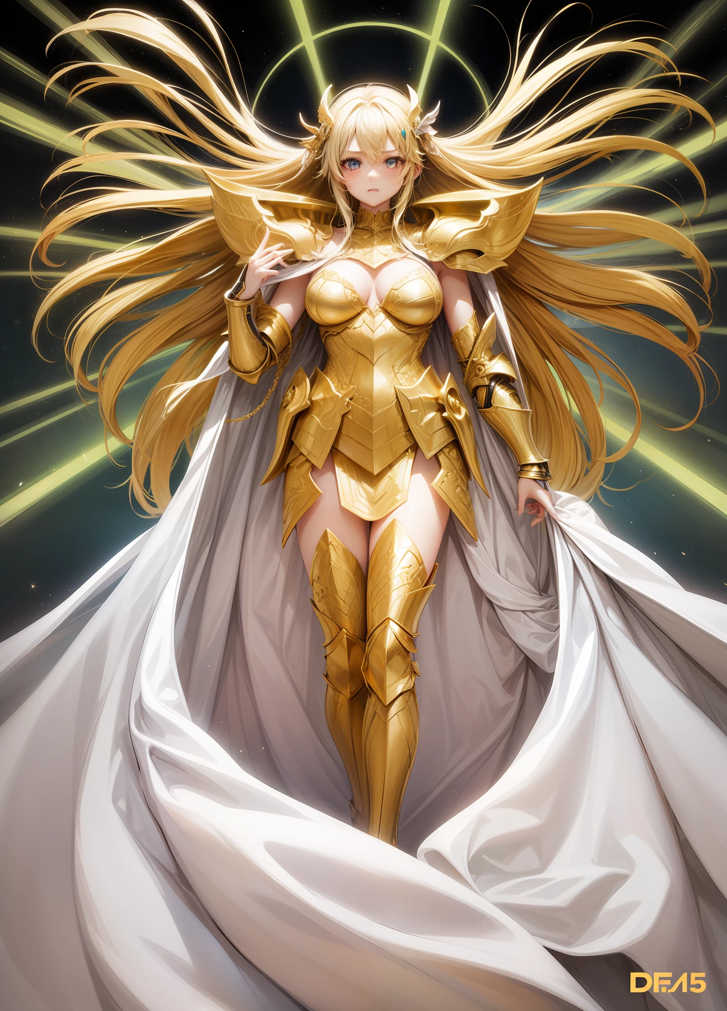 Photorealsitic、girl with1a person、Shaka's Gold Armor、Colossal tits、closing eye、Deities々Backlight、Blonde long hair