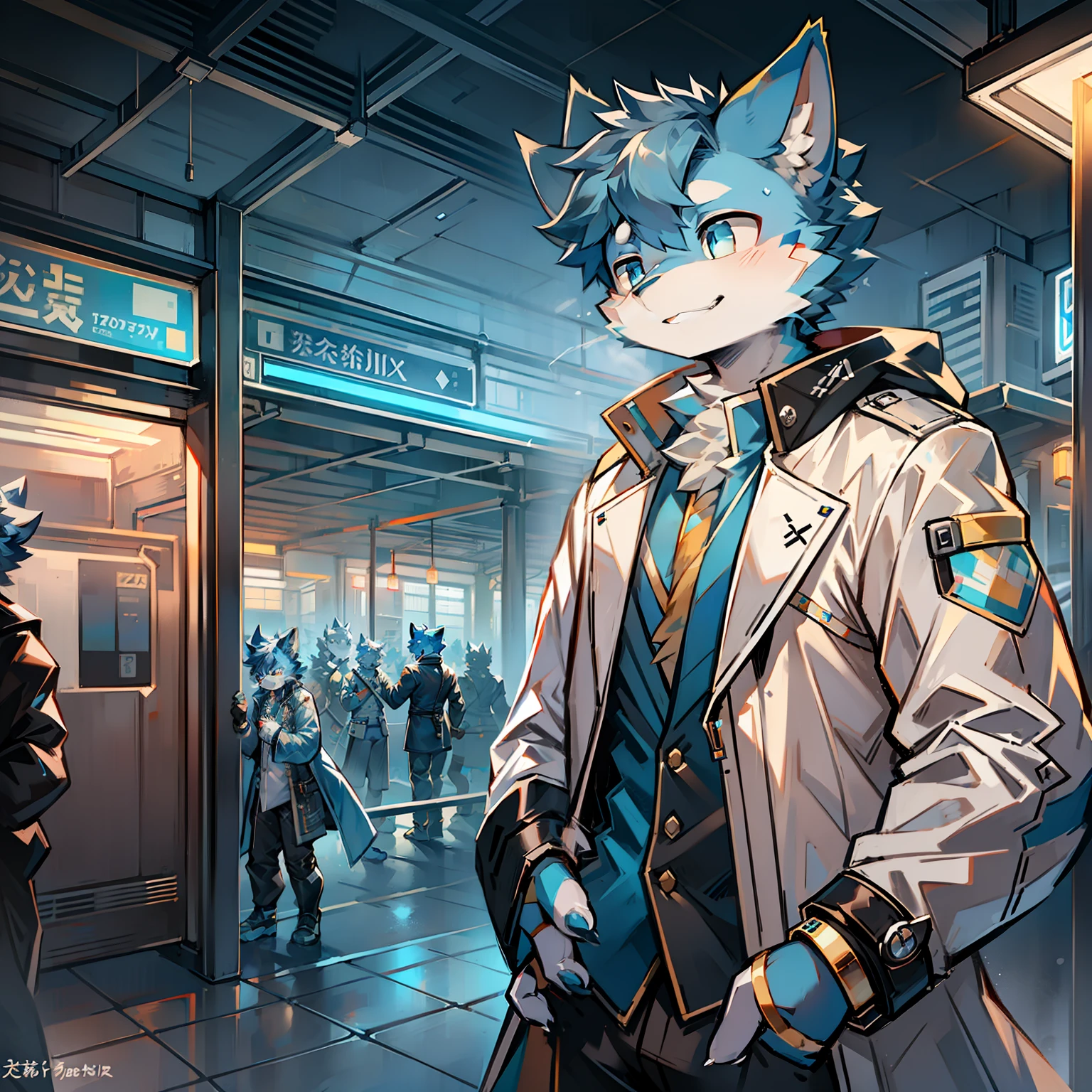Cybermetropolis,Thunder,drifting snow,Male blue cat,Electronic left eye,Chinese trench coat,Train station