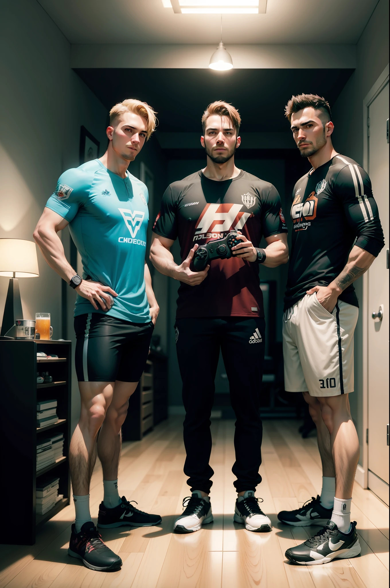 3 homens de 30 anos, holding a game controller in your hands in a room playing video games, roupas de equipe esportiva, Beer in your hands