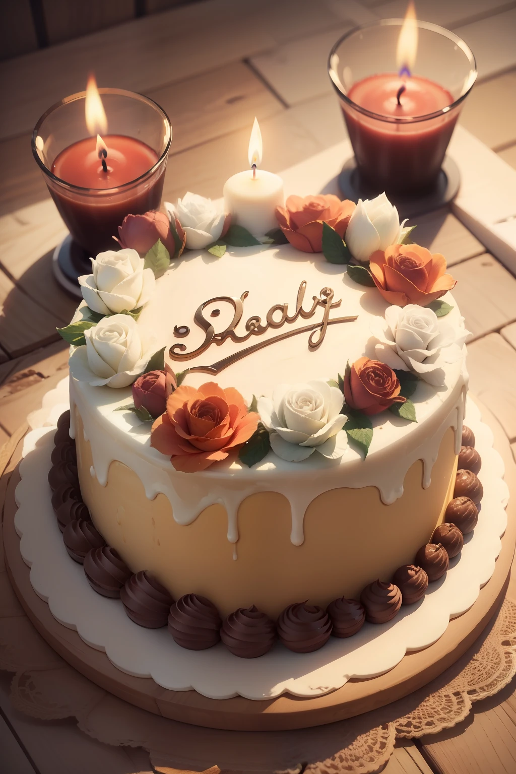 Cake, candles, celebration, wedding, (((topdown view))), masterpiece, (((sign on cake))), render, 4k, uhd, cycles, chromatic aberration abuse, backlighting, god rays, ray tracing, bokeh, UHD, retina, masterpiece, accurate, super detail, high details, high quality, award winning, best quality, highres, HD, 4K, 8k, 16k