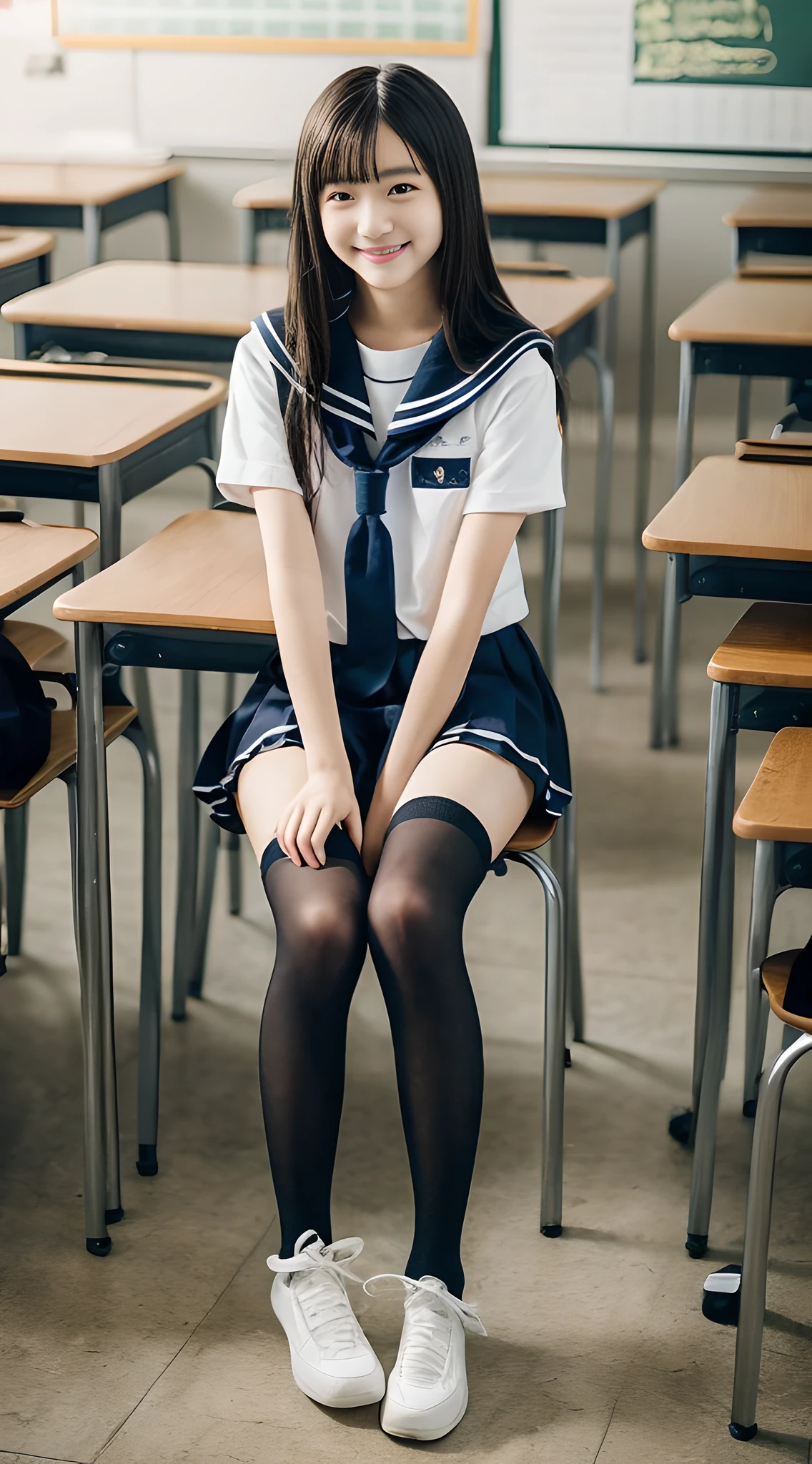 1girl, Cute, black-haired, , Smile, Looks pure, Sailor Suit, Photography, Realistic, Best Quality, Detailed face, Full body, slender, Slender legs, Long legs, Wearing thigh-high socks, shoes on, School, Classroom