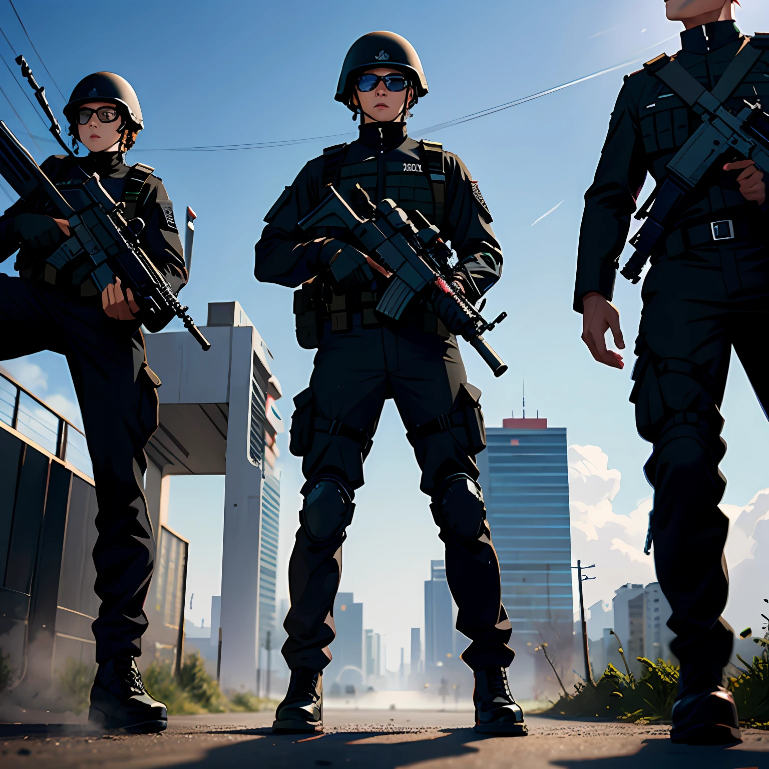 Fully armed soldiers in black combat uniforms