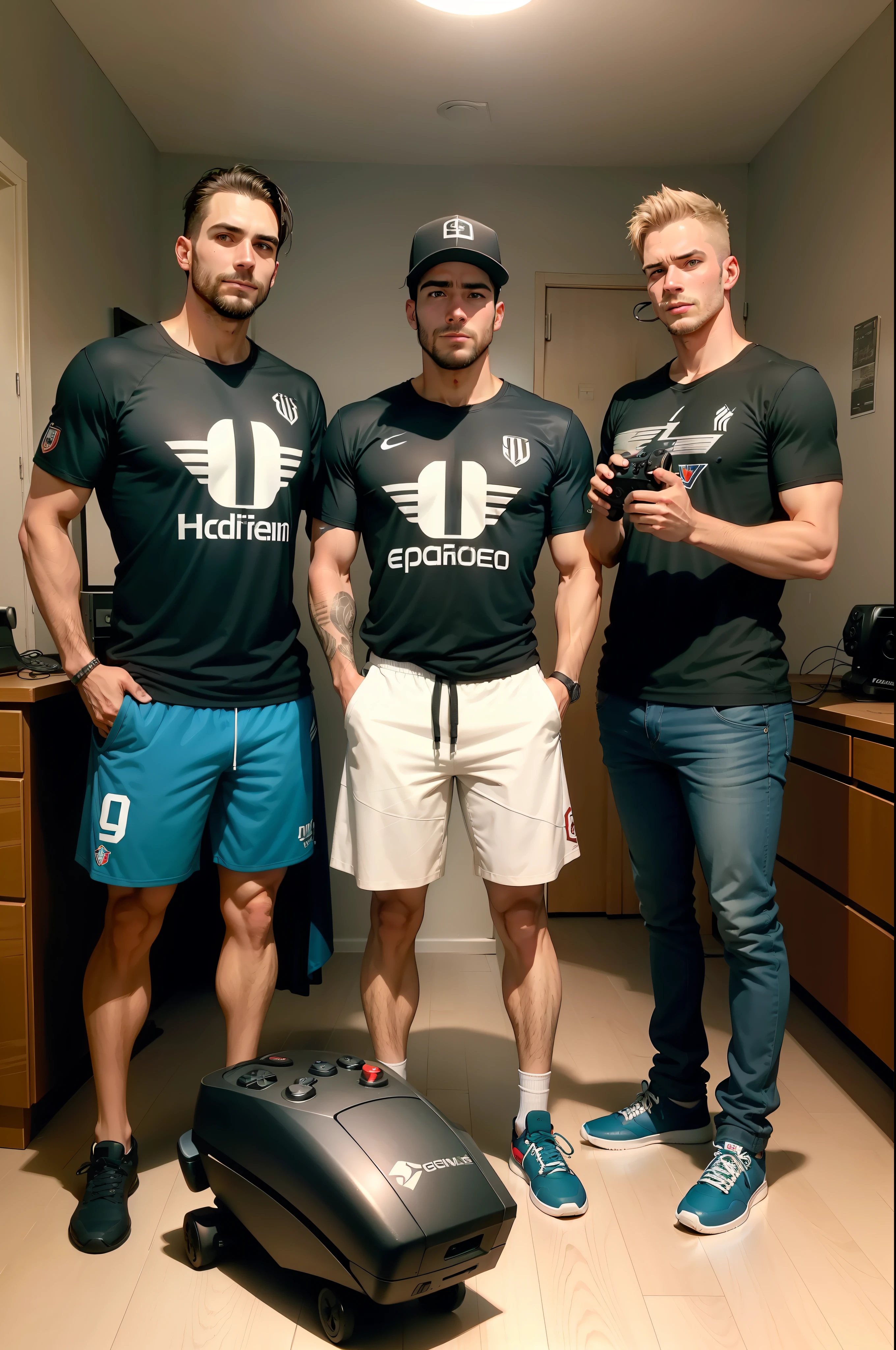 3 homens de 30 anos, holding a game controller in your hands in a room playing video games, roupas de equipe esportiva, Beer in your hands