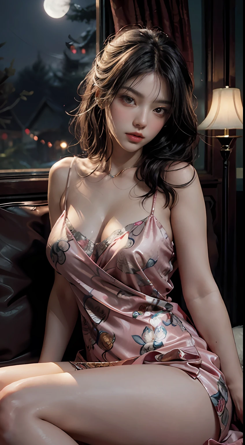 The art depicts a charming woman dressed in a flowing, silky traditional oriental dress, pink, decorated with intricate patterns and bright colors. Her dress drapes elegantly over her curvy figure, accentuating her seductive silhouette. She stood gracefully in the quiet moonlit night, bathed in the soft glow of the moonlight. The scene exudes an ethereal and dreamy atmosphere, with a touch of mystery and sexiness. The graphic style blends watercolor and digital illustration techniques to evoke a refined beauty and charm. The lights are filled with soft moonlight, casting soft highlights and shadows on her charming features. Bare thighs, big breasts, three-dimensional facial features, sitting, upturned legs