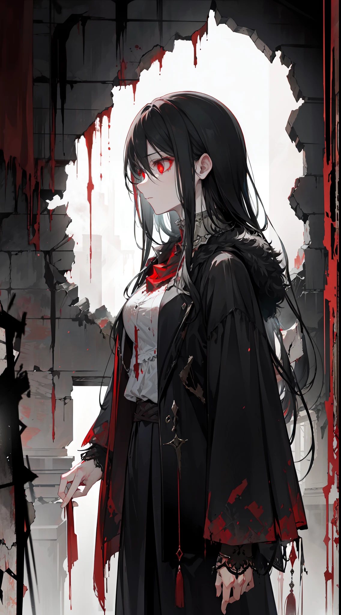 "Epic and haunting atmosphere, amidst the crumbling ruins, a resilient figure with long-black hair and glow red eyes, exuding a touch of sorrow."
