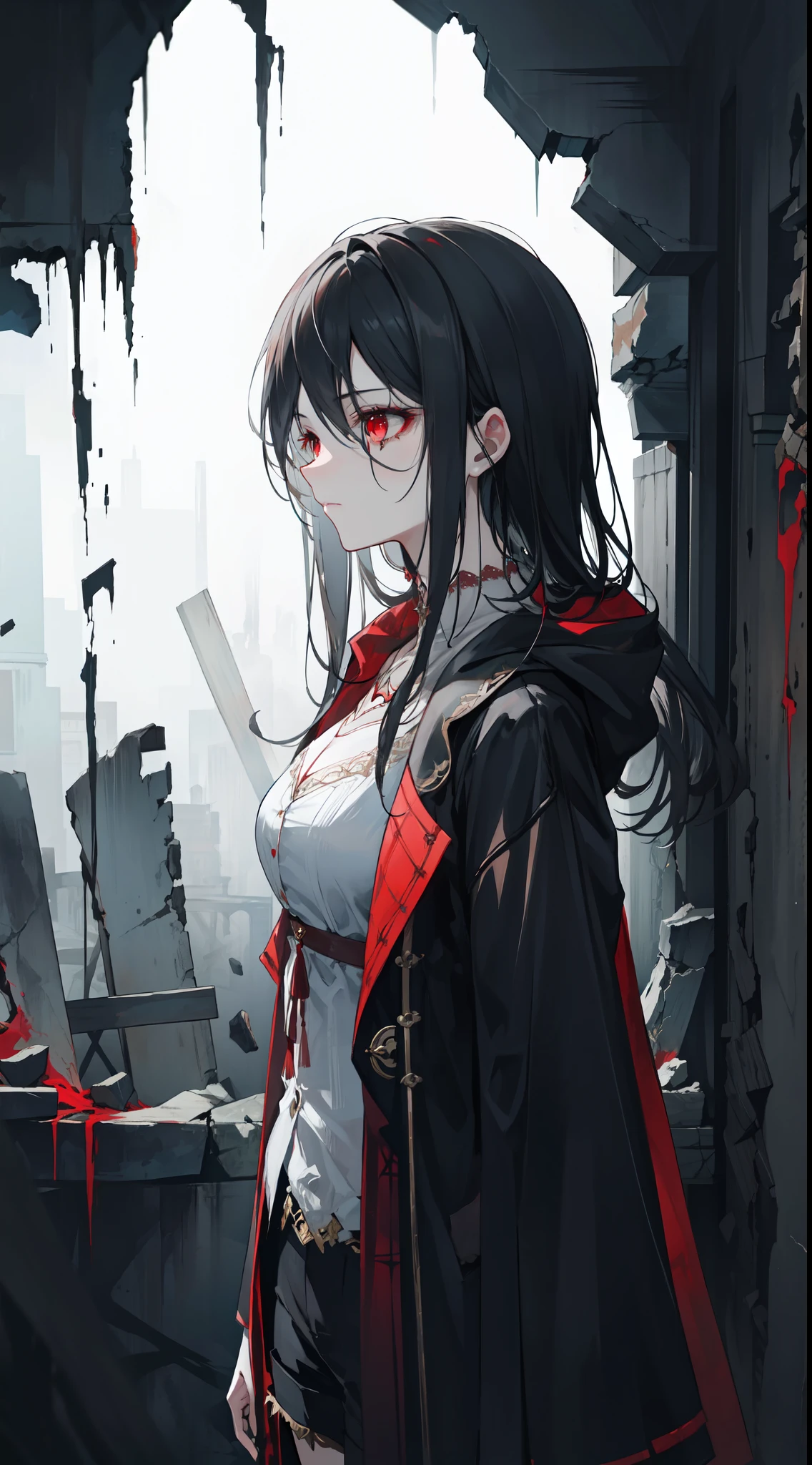 "Epic and haunting atmosphere, amidst the crumbling ruins, a resilient figure with long-black hair and glow red eyes, exuding a touch of sorrow."