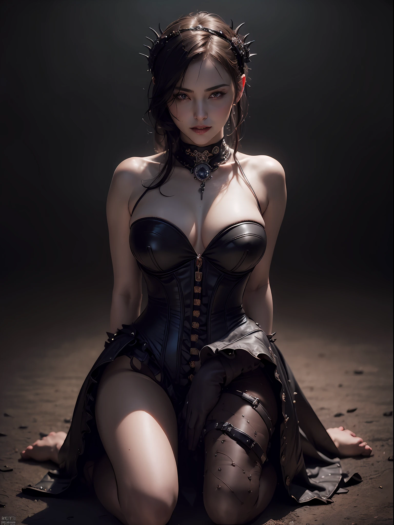 (masterpiece, best quality:1.4), full body, (dark casttle background), (breast focus), (sitting at the ground:1.2), (erotic pose:2), looking at the viewer, sexy smile, 1girl, solo, (european youth:1), GothicPunkAI dress on woman, black hair, ligh blue eyes, beautiful face, highly detailed face, highly detailed skin, skin pores, subsurface scattering, realistic pupils, breast, highly detailed face, highly detailed eyes, full face blush, full lips, detailed background, depth of field, volumetric lighting, sharp focus, absurdres, realistic proportions, good anatomy, (realistic, hyperrealistic:1.4), 16k hdr,