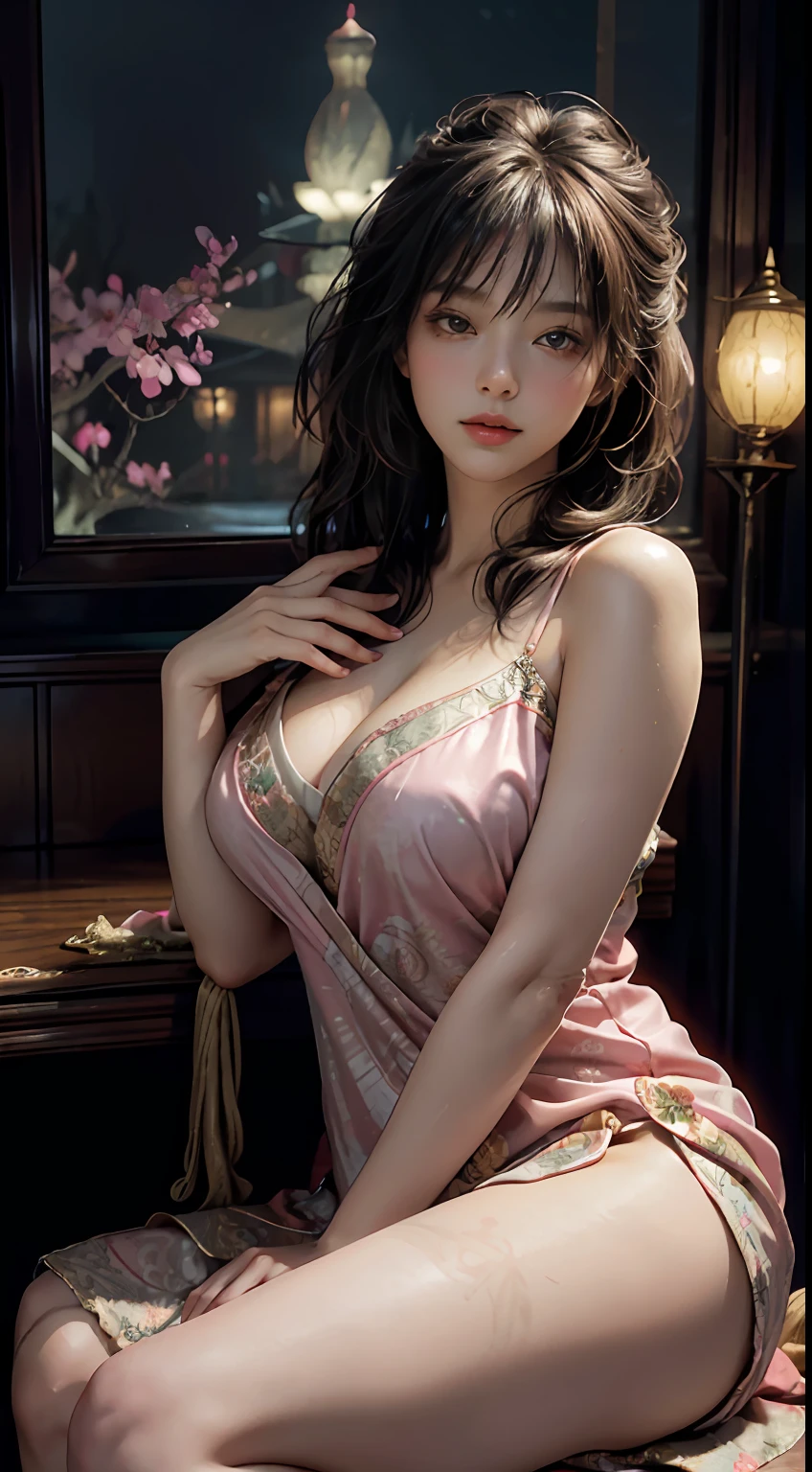 The art depicts a charming woman dressed in a flowing, silky traditional oriental dress, pink, decorated with intricate patterns and bright colors. Her dress drapes elegantly over her curvy figure, accentuating her seductive silhouette. She stood gracefully in the quiet moonlit night, bathed in the soft glow of the moonlight. The scene exudes an ethereal and dreamy atmosphere, with a touch of mystery and sexiness. The graphic style blends watercolor and digital illustration techniques to evoke a refined beauty and charm. The lights are filled with soft moonlight, casting soft highlights and shadows on her charming features. Bare thighs, big breasts, three-dimensional facial features, sitting, upturned legs