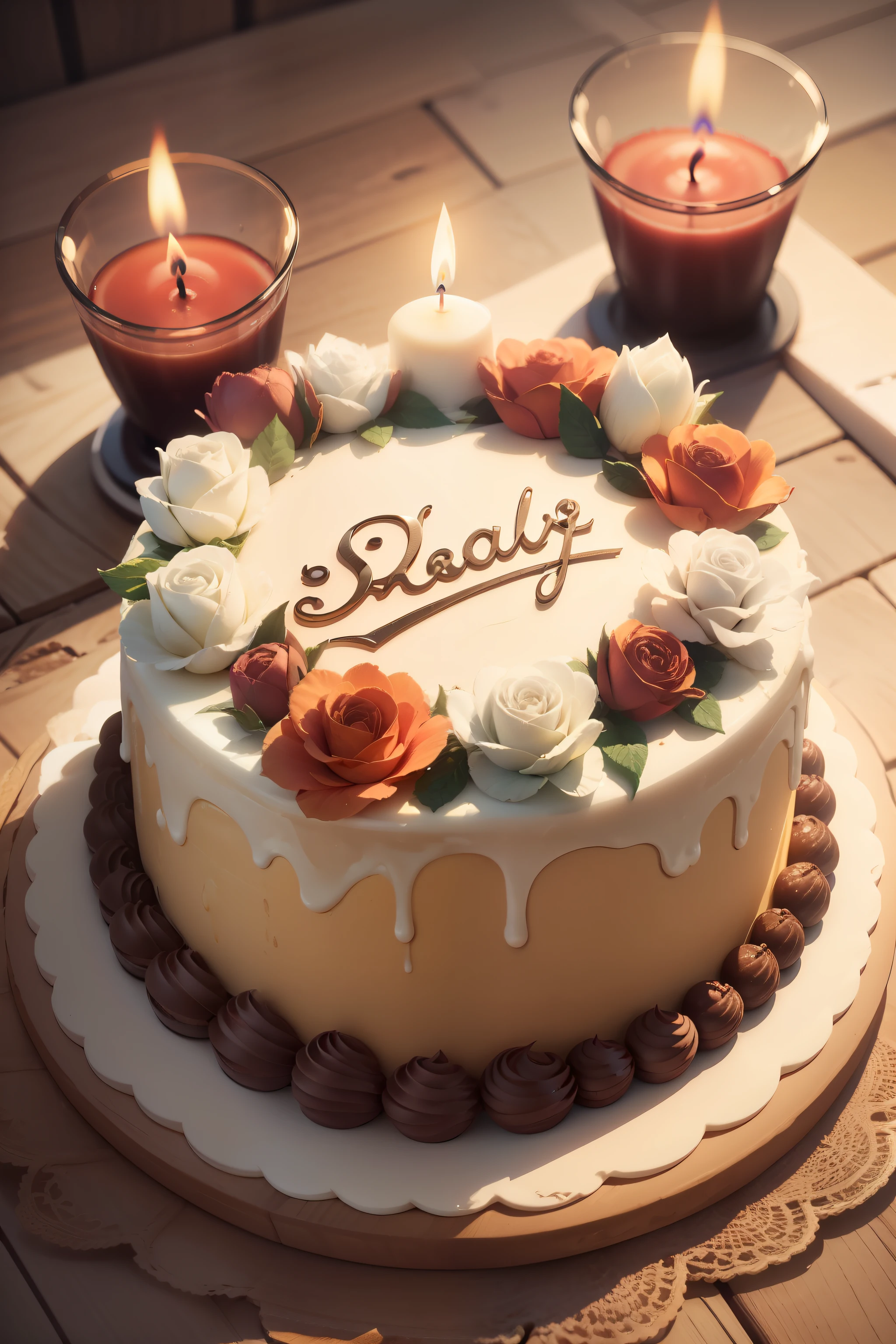 Cake, candles, celebration, wedding, (((topdown view))), masterpiece, (((sign on cake))), render, 4k, uhd, cycles, chromatic aberration abuse, backlighting, god rays, ray tracing, bokeh, UHD, retina, masterpiece, accurate, super detail, high details, high quality, award winning, best quality, highres, HD, 4K, 8k, 16k