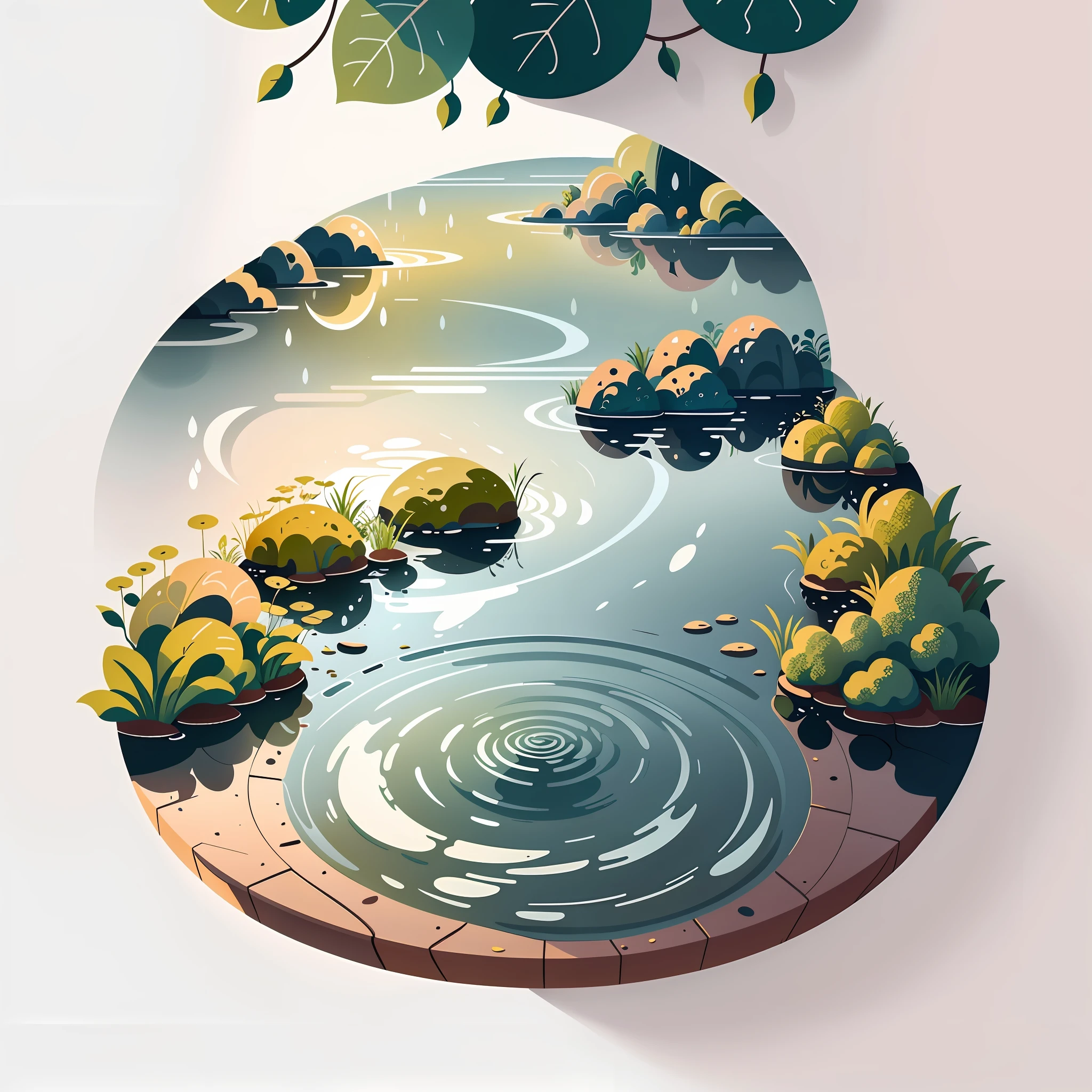 rainwater:A drizzle,Raindrops fall on the lake,The water is rippling,Birds cheerfully welcome the arrival of warm rain,Mobile wallpaper illustration,Nature views, Minimalist illustration, Line illustration, Colorful。circular composition,Flat illustration。