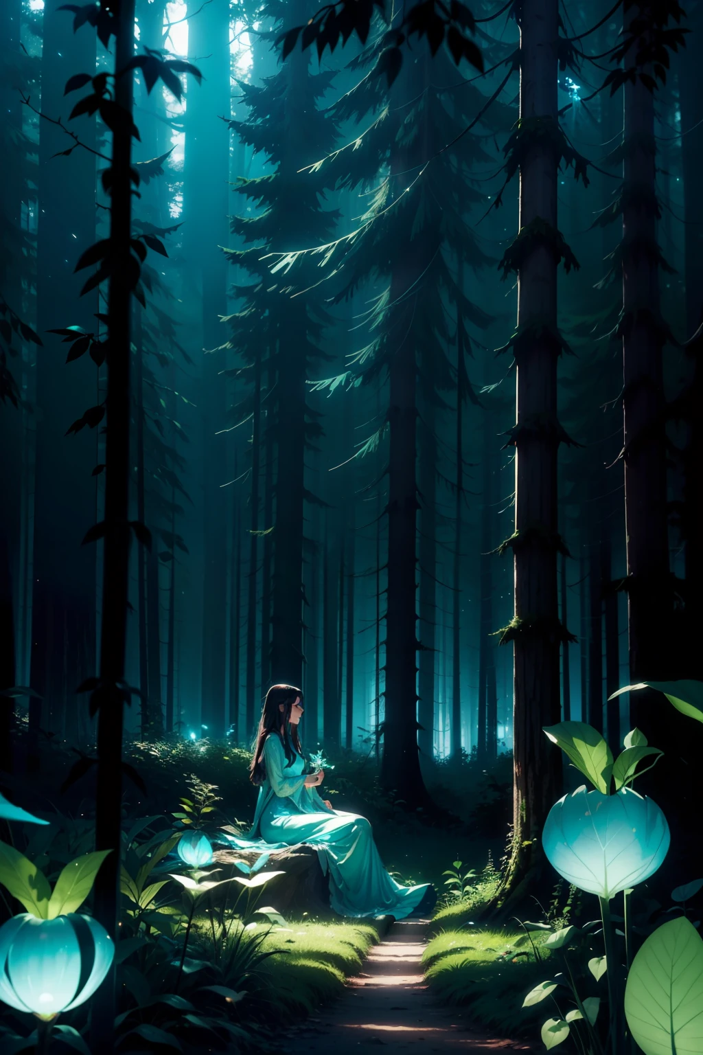 young woman, long dark hair, luminiscent transparent blue green teal glowing dress, in the dark forest at night, blue eyes, dreamy, glowing teal plants, magical forest with lights, cinematic shot, sitting under the tree, fireflies around, big glowing plants on the foreground