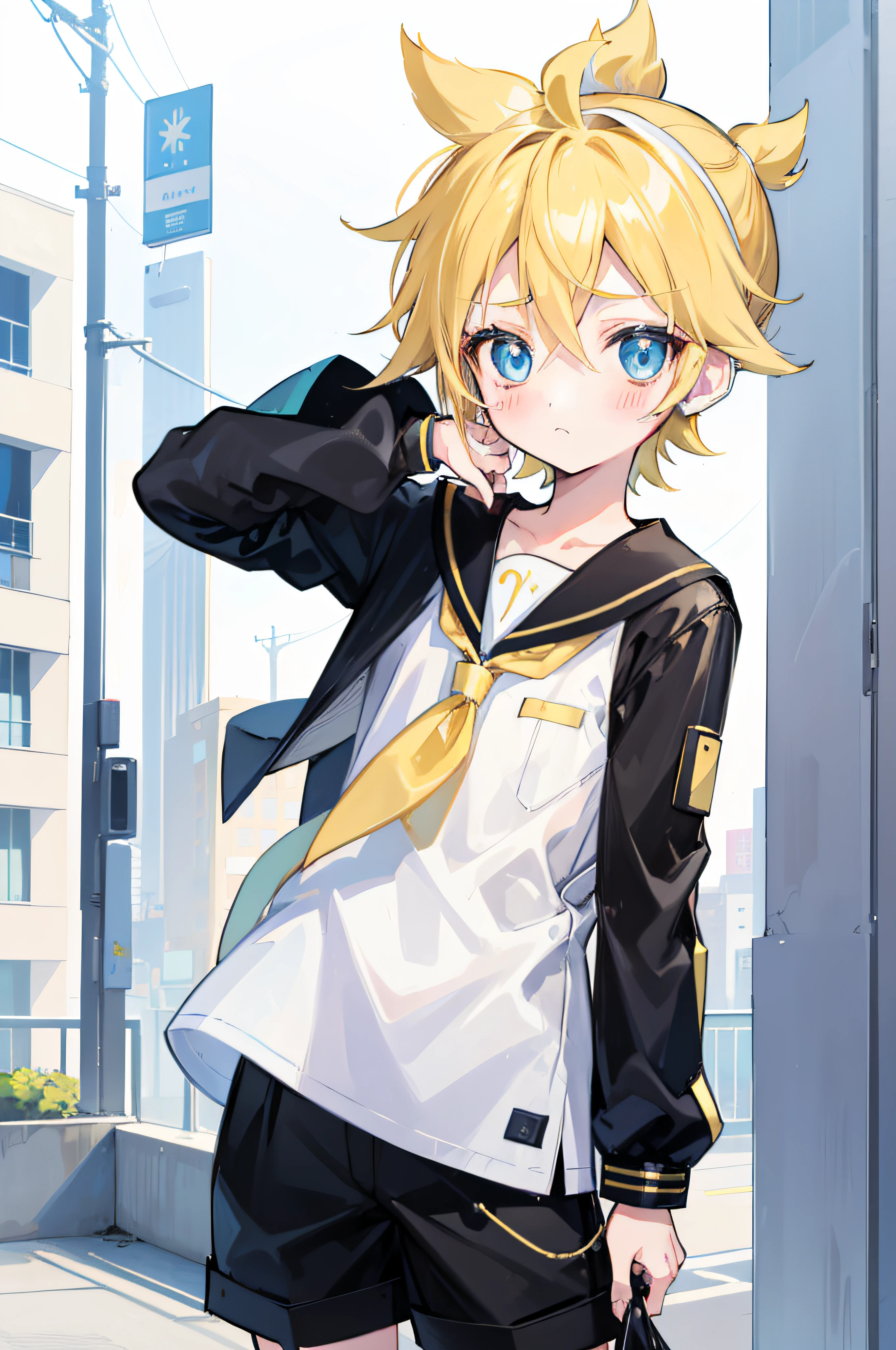one boy, (Kagamine_Len), cowlick, cute face, beautiful eyes, sailor uniform, black short pants, cowboy shot, look at you, boy loves you, shy, (blush), happy, your boyfriend, standing, outdoor