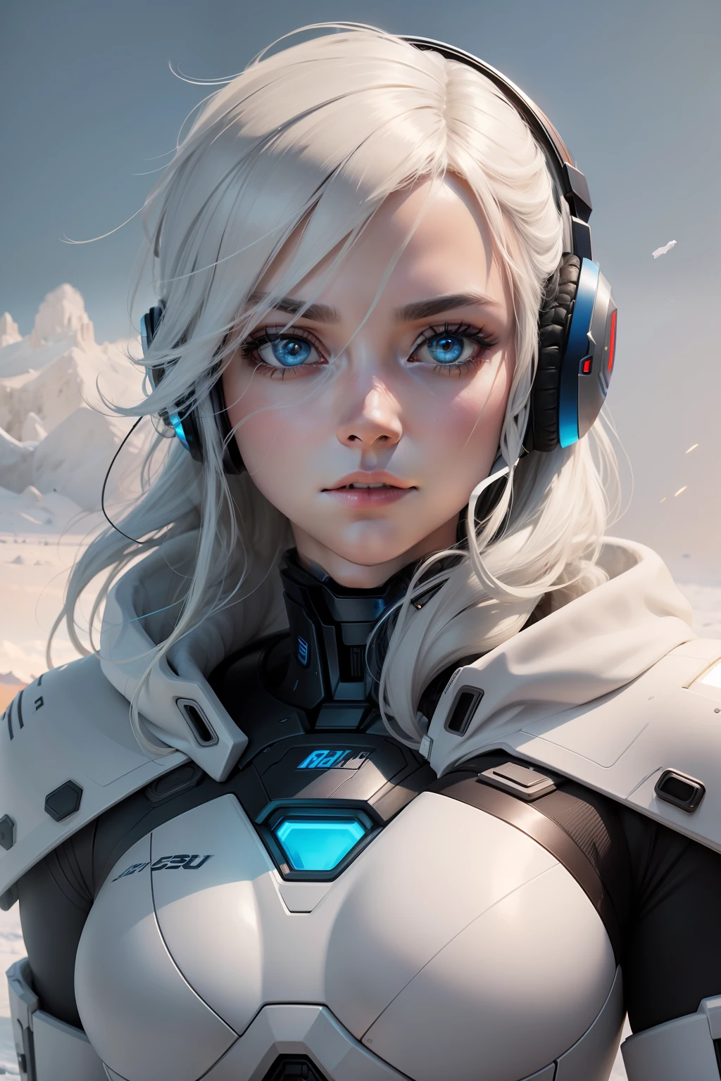 "Create a piece of digital art of a robot's face looking forward, with a serious expression, onde um lado do rosto se emelha a um humano, enquanto o outro lado representa um androide. The entire image is set in a frozen, Paisagem nevada, As if the robot was partially frozen in time amid the cold of winter." usando headset, Highlight eyes