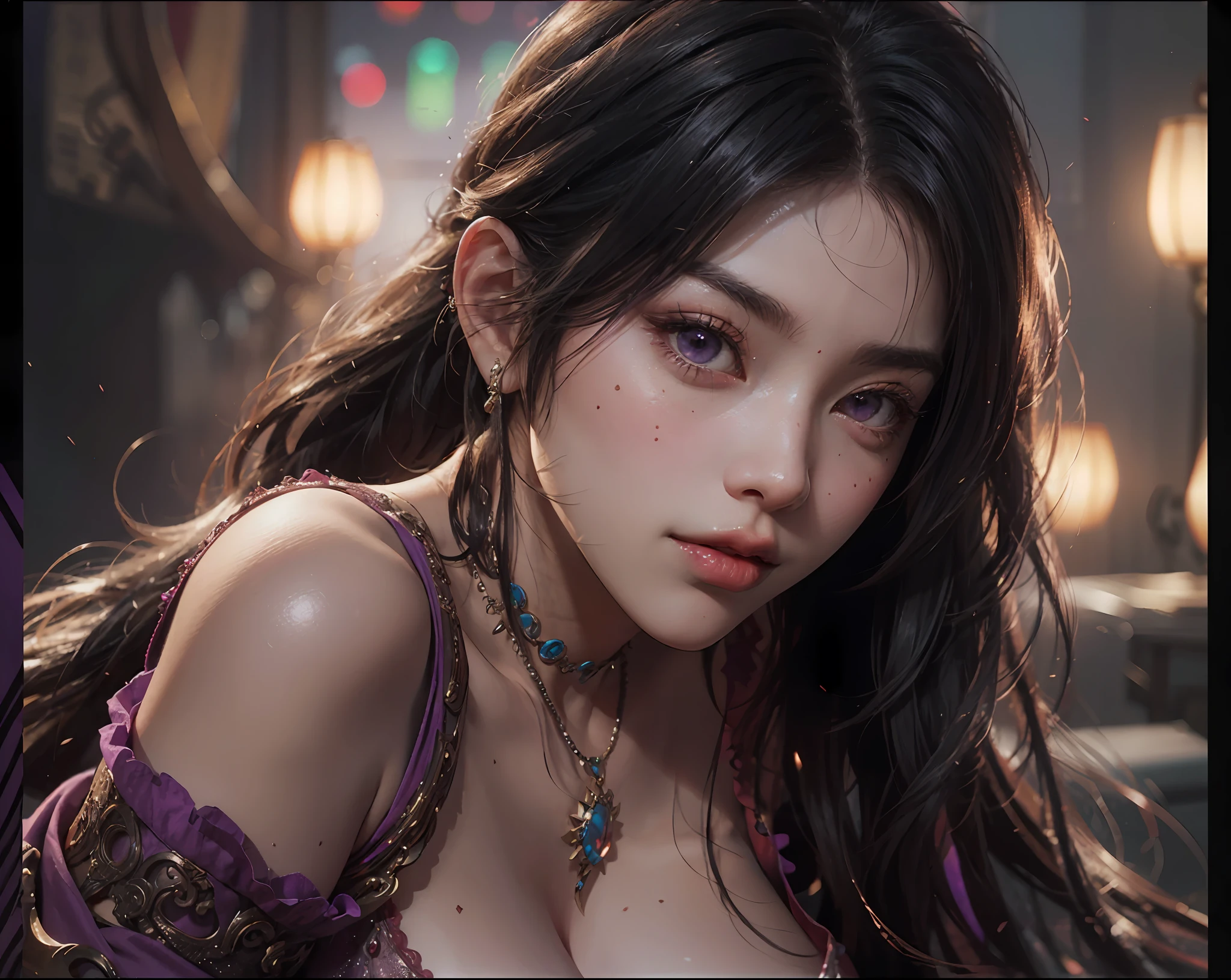 a close up of a woman in a red dress with long hair, beautiful alluring anime woman, a beautiful fantasy empress, seductive tifa lockhart portrait, ((a beautiful fantasy empress)), seductive anime girl, beautiful anime woman, glamorous tifa lockheart, beautiful avatar pictures, mai shiranui, lady in pink armor, tifa, (lingerie:1.2), photo realistic, upon_body, tyndall effect, photorealistic, dark studio, rim lighting, two tone lighting, (high detailed skin:1.2), 8k uhd, dslr, soft lighting, high quality, volumetric lighting, candid, Photograph, high resolution, 4k, 8k, Bokeh, breast out, (nude:0.9), (purple eyes color), (transparent armor:1.0), big breast,