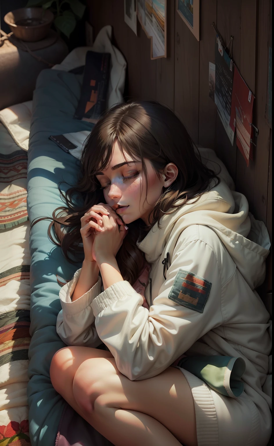 Lie down in bed，Cover with a quilt，Sleep with your eyes closed，warm color，High- sharpness，There are murals