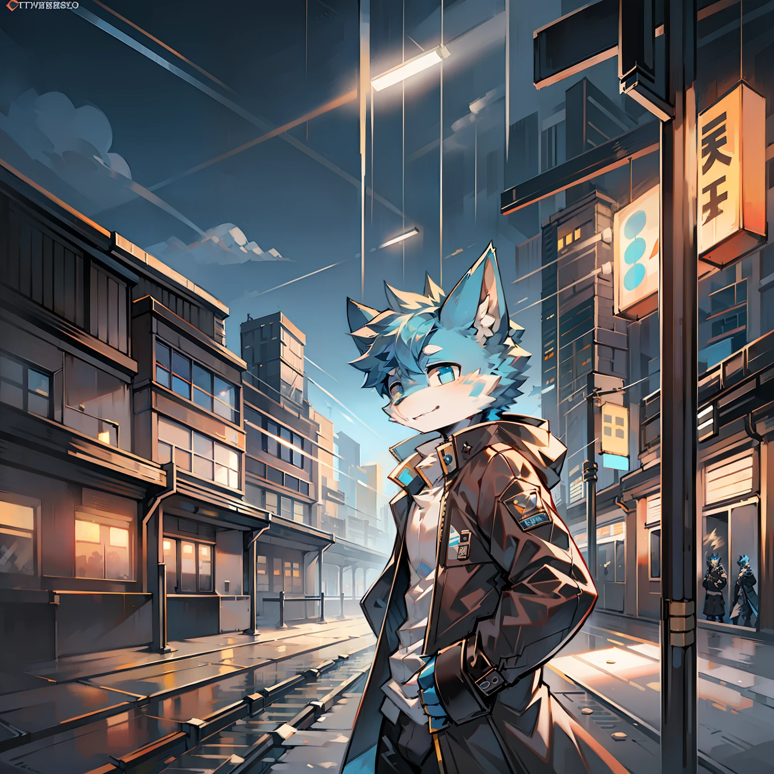 Cybermetropolis,Thunder,drifting snow,Male blue cat,Electronic left eye,Chinese trench coat,Train station