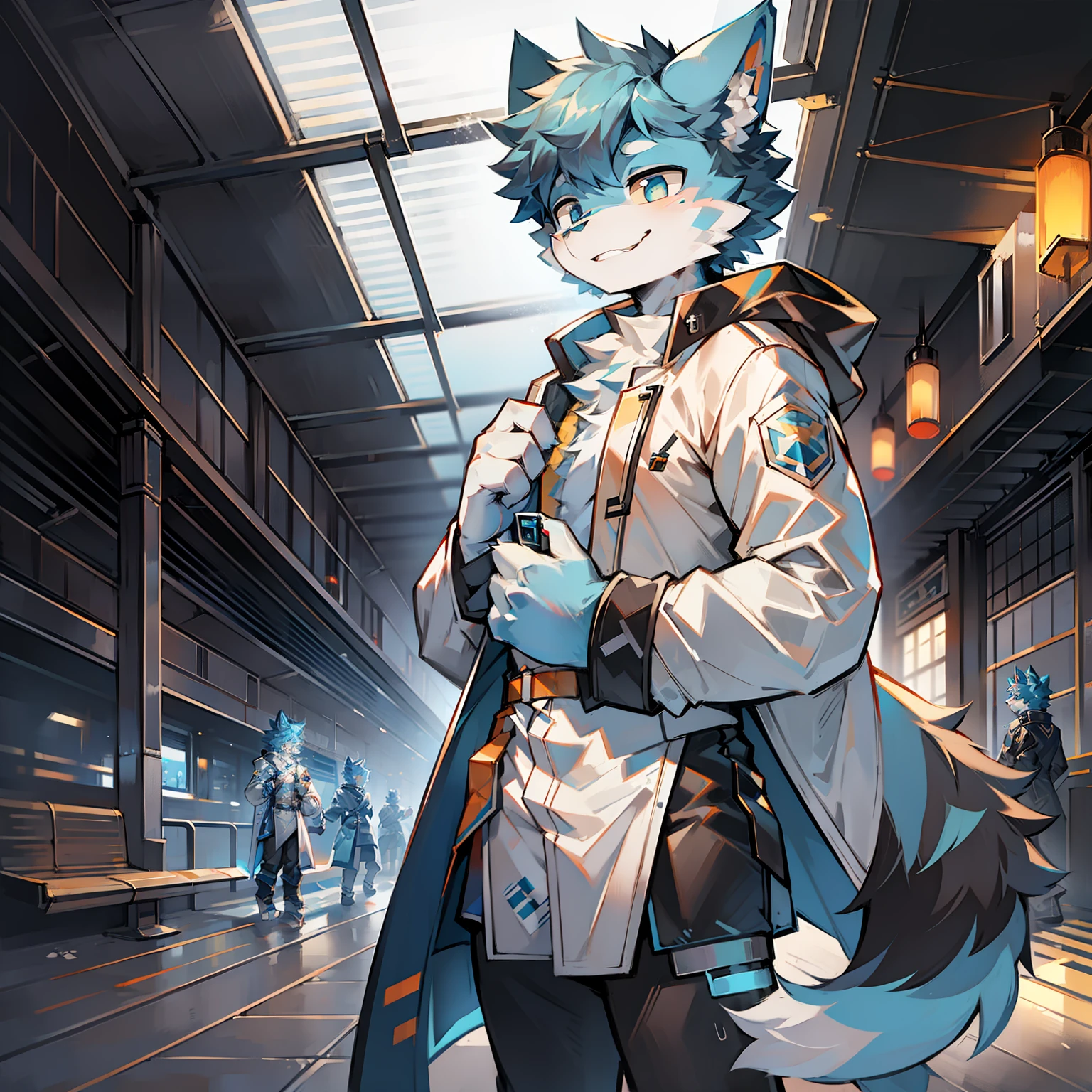 Cybermetropolis，Thunder，drifting snow，Male blue cat，Electronic left eye，Chinese trench coat，Train station