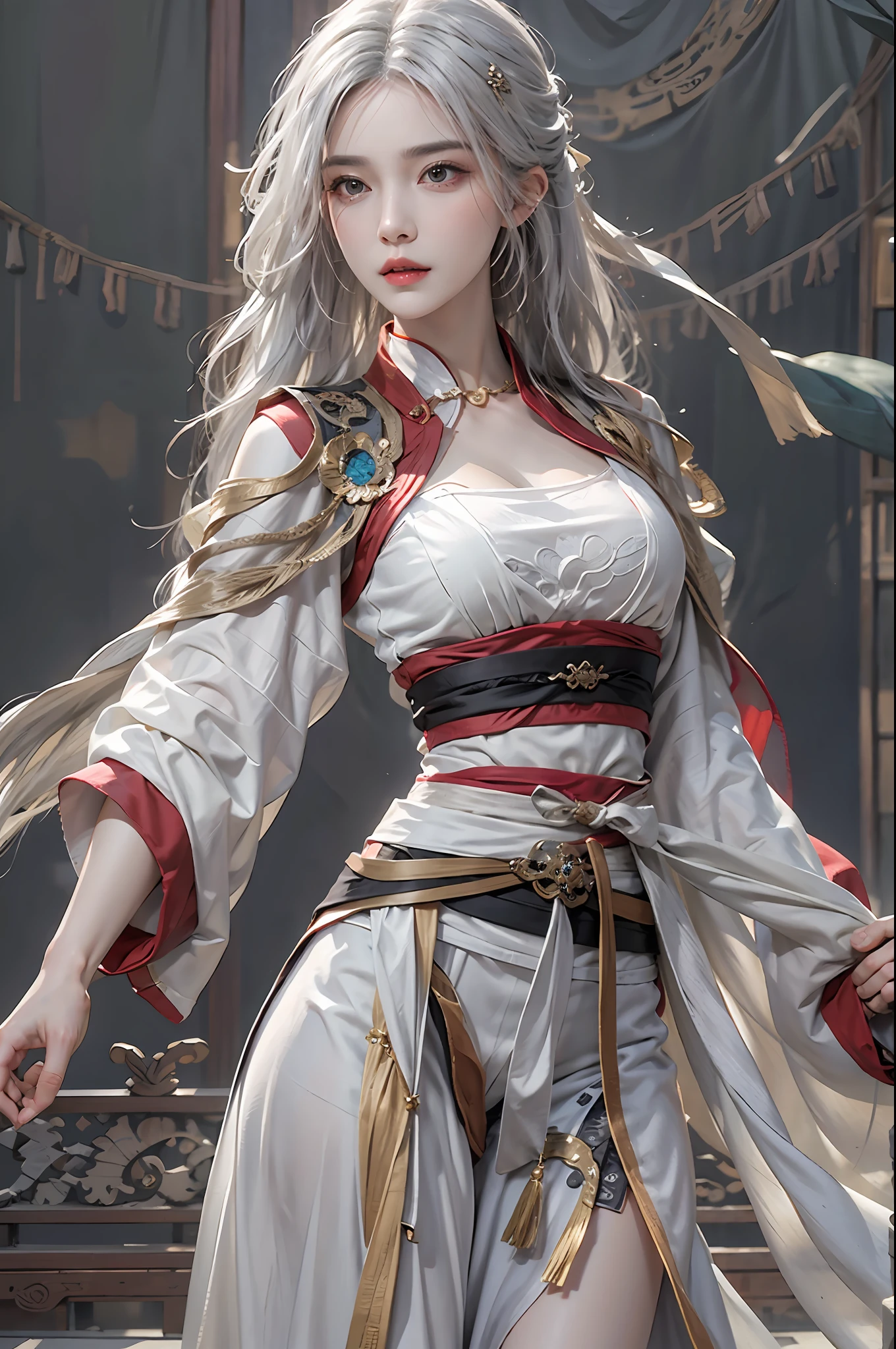 photorealistic, high resolution, 1women, solo, hips up, look at viewer, (detailed face), narrow waist, closed lips, white hair, long hair, kungfu clothes, intricate xianxia ancient clothes, jewelry
