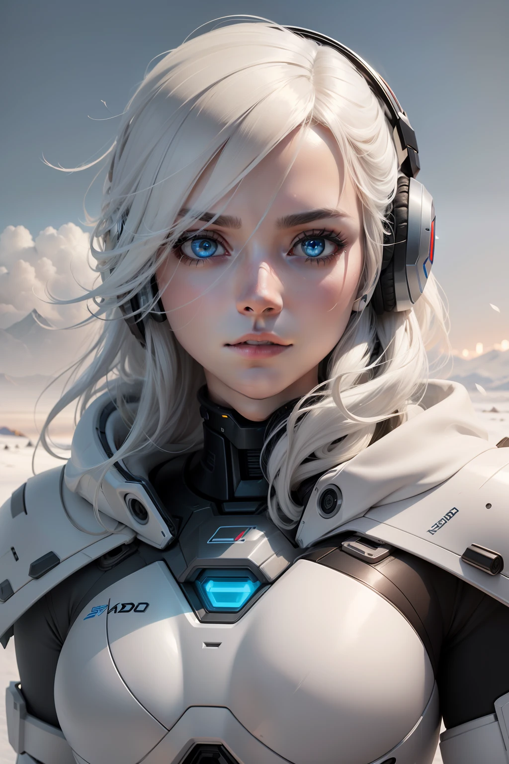 "Create a piece of digital art of a robot's face looking forward, with a serious expression, onde um lado do rosto se assemelha a um humano, enquanto o outro lado representa um androide. The entire image is set in a frozen, Paisagem nevada, As if the robot was partially frozen in time amid the cold of winter." usando headset, Highlight eyes