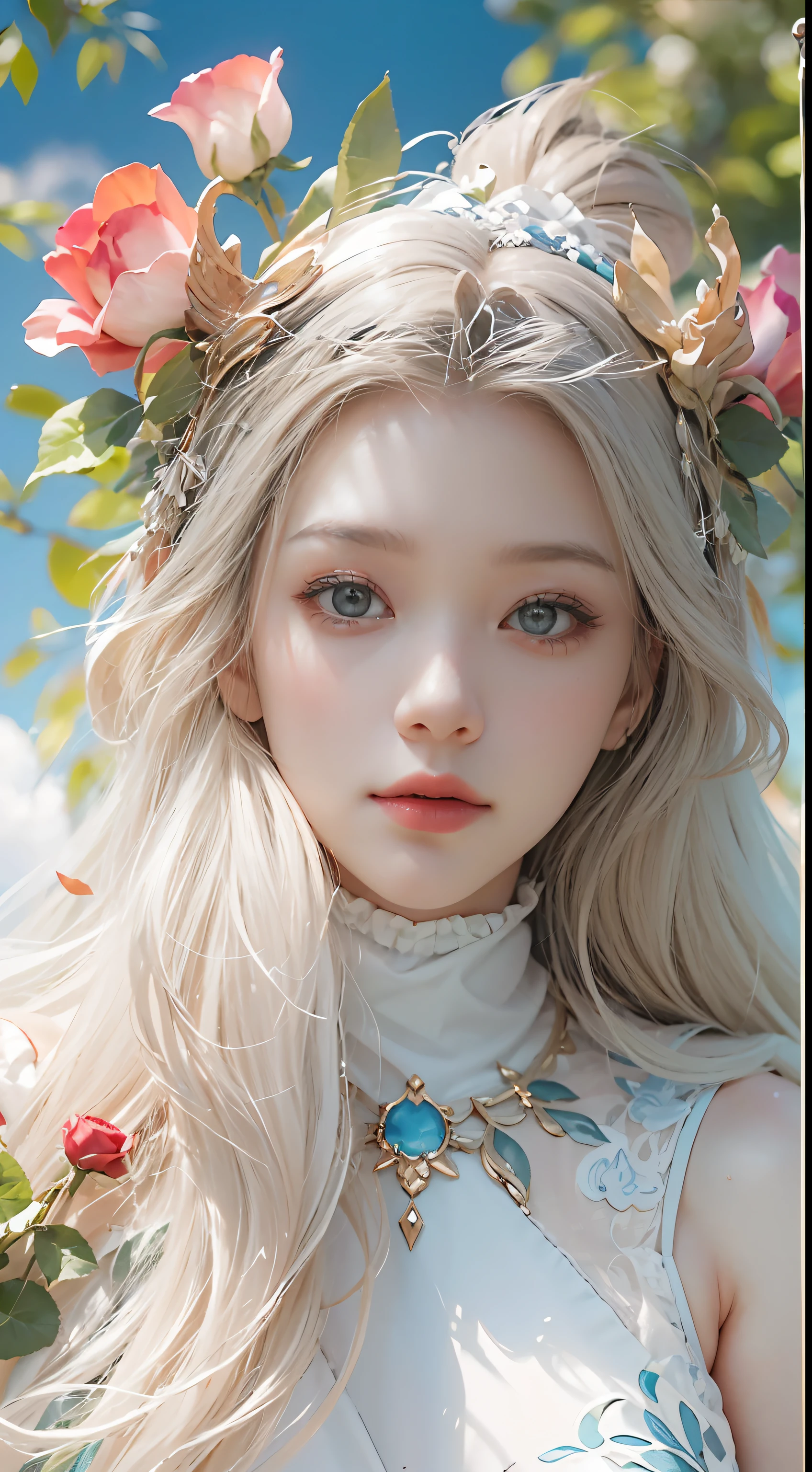 Exquisite scenes,depth of fields,8K,The ivory sky,White clouds,The sun shines on the snow-white sand。The coral sea,There are many small colorful shells on the beach,Red rose,Rose flower,tmasterpiece,k hd,Detailed details,Beautiful woman detailed definition of body using role play,grievance,Exquisite facial features,s the perfect face,White skin of the,long whitr hair,The background is a dragon,Hair bruising,Green clothes,The clothes were tightly wrapped,track pants,Cloak,Animal headdress