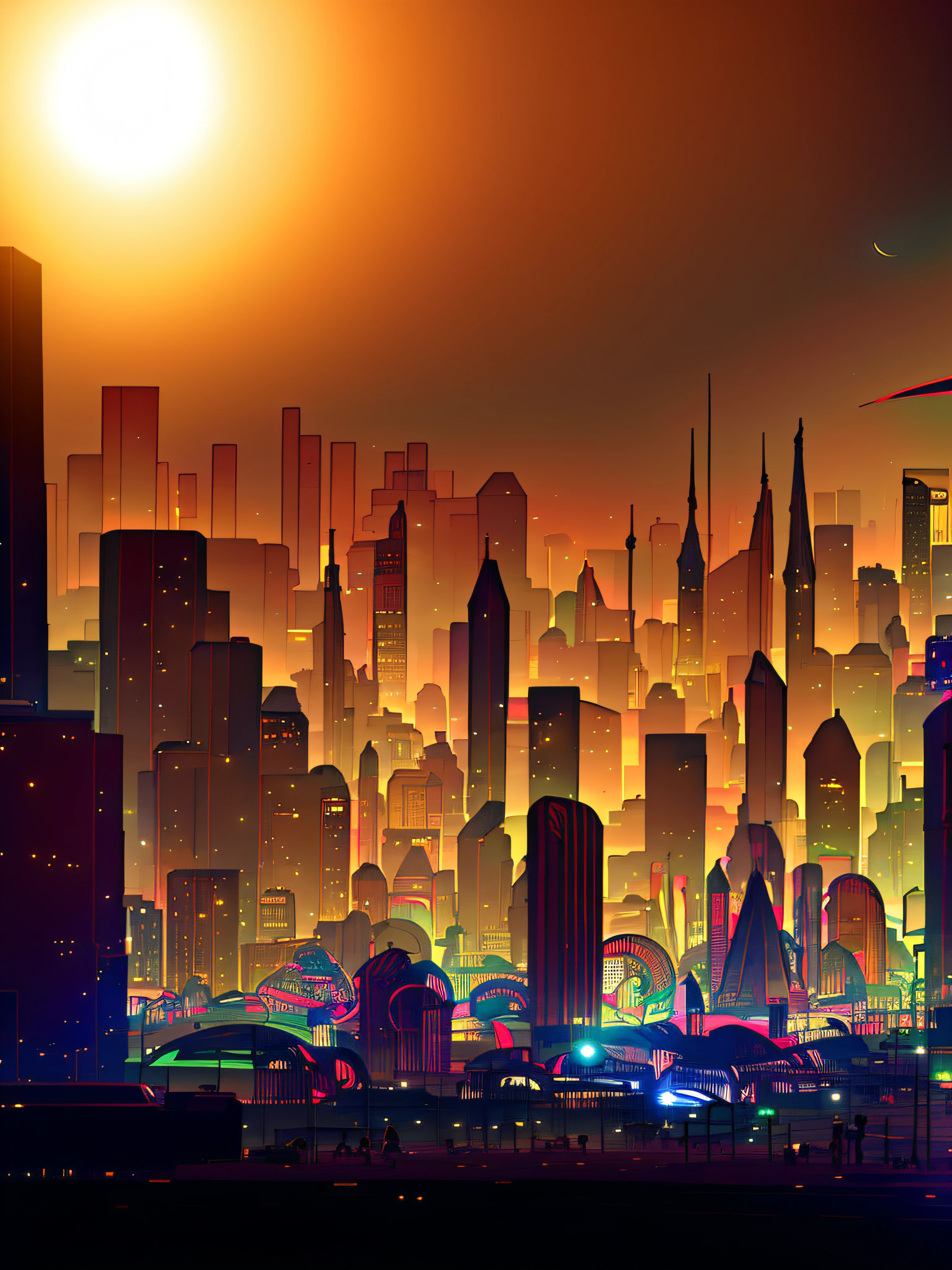 una ciudad de noche estilo Moebius, futurista, distopica, ilustracion, Destroyed, mucho smog, profundidad de campo,