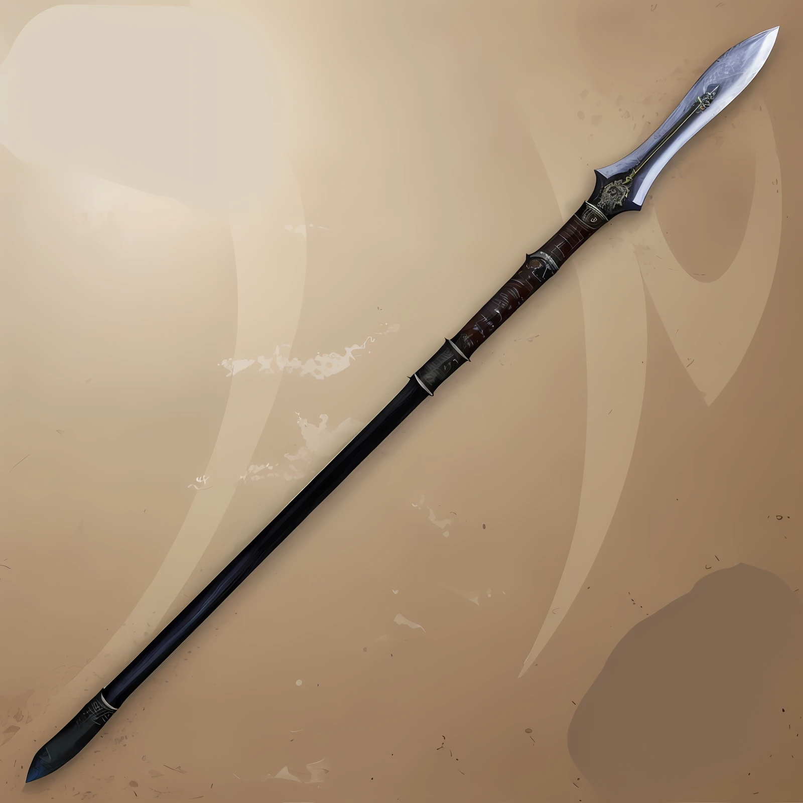 Il y a une longue lance avec un manche noir sur un fond brun, Polearm Glaive, Lance fantastique complexe, arme d'hast, realistic spear, Odin's Spear, Lance longue, glaive, Arrow longbow, Longsword, War blade weapon, lance, medievil lance, tenir la lance, lance dans la main droite