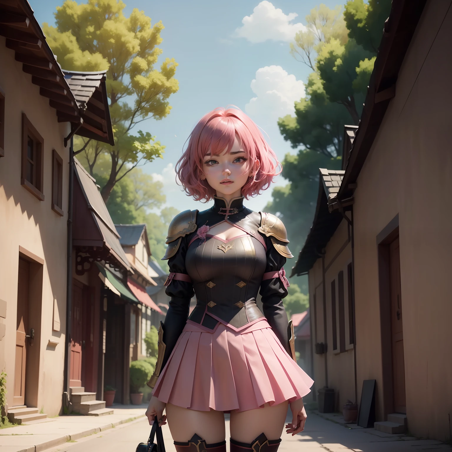 The animations are rich in detail，This is a high-quality 8K masterpiece。18-year-old woman，A woman，bachelorhood，Cute and naughty，Short dark pink hair，Armor for a gentleman's suit，Town background，Wind magic，short  skirt