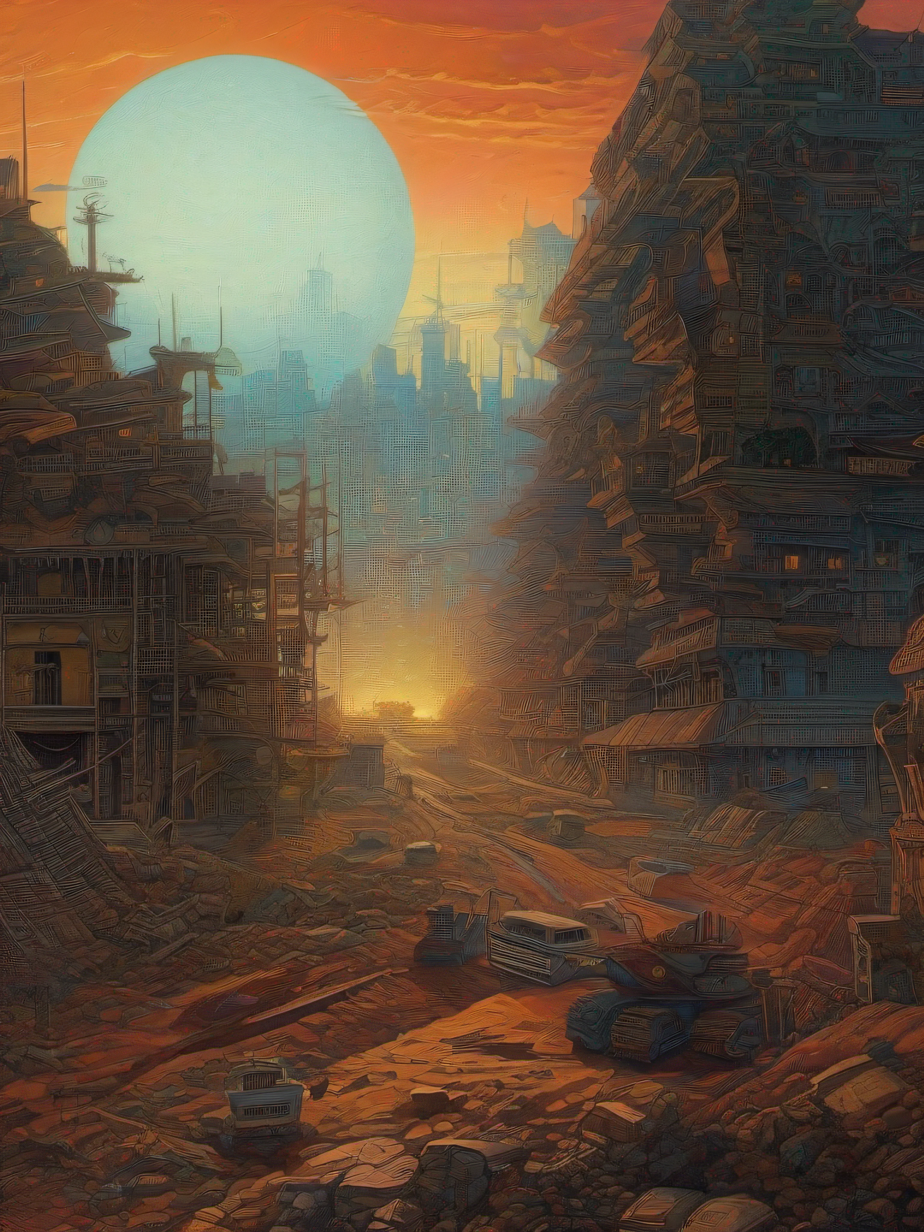 "((obra maestra)), estilo Moebius, ciudad futurista, distopic, noche, Destruction, smog, profundidad de campo"