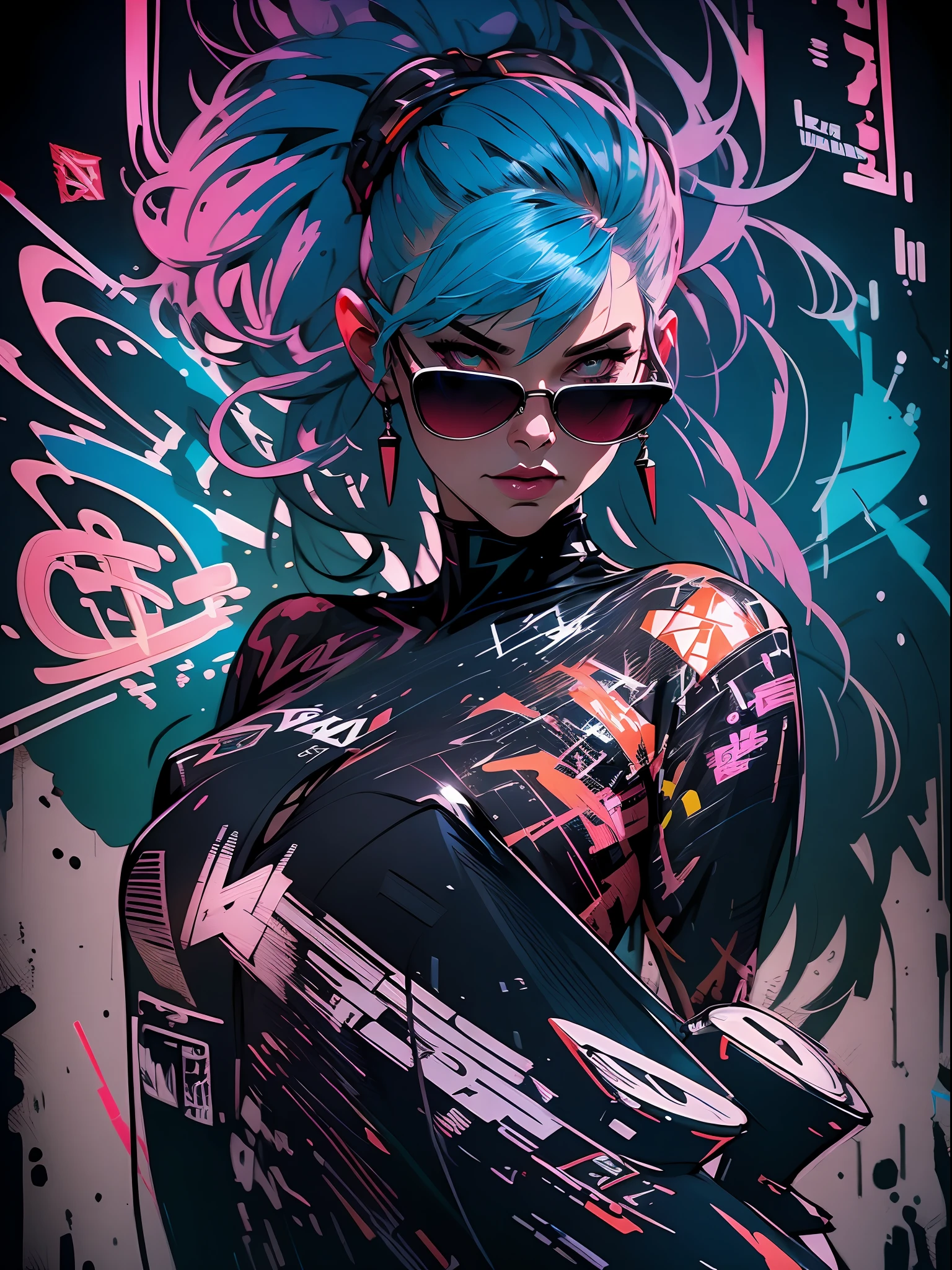 close up, full color painting of standing cyberpunk girl, sunglasses, high heel shoes, perfect hourglass figure, perfect huge tits, (((Graffiti art) (by Carne Griffiths))), red wall background, insane details, intricate details, hyperdetailed, low contrast, soft cinematic light, dim colors, exposure blend, hdr, front, (neon light:1.4), upper body, detailed skin, detailed eyes, realistic eyes, 20 megapixel, canon eos r3, detailed skin, detailed face, (TungstenDispo:1.2), raw photo, portrait of a business woman, (style by Flora Borsi), bold, bright colours, blue Mohawk haircut, ((Flora Borsi)), dslr, dramatic lighting, high quality, film grain, Fujifilm XT3, (strong backlight:1.1), analog style (liminal space), by Syd Mead, by Andr Kertsz, by Tadao Ando