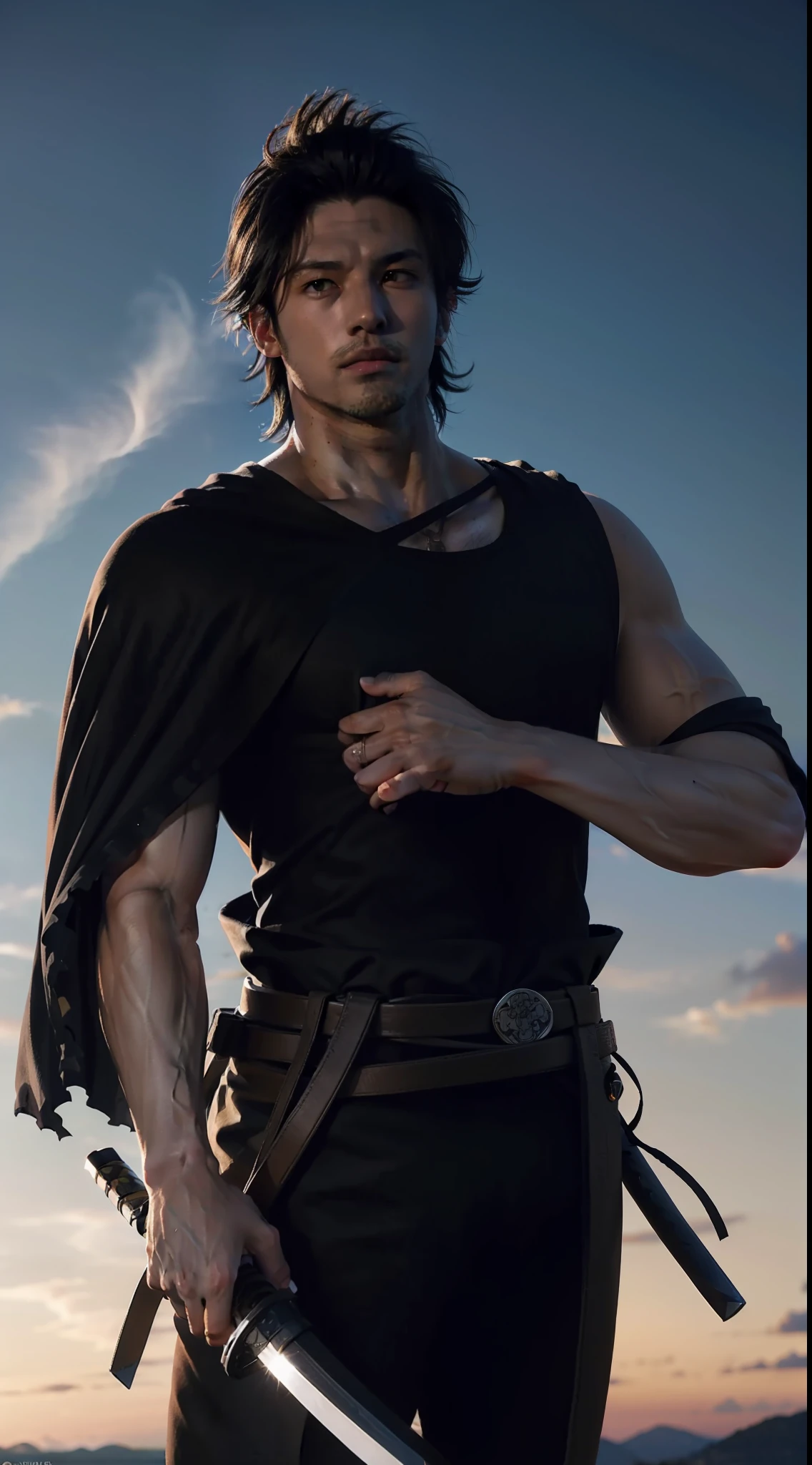 yami from the anime black clover, black hair, katana, wielding a katanan, handsome man, muscular man, has a beard. looking at the audience, staring intently, wearing formal wear