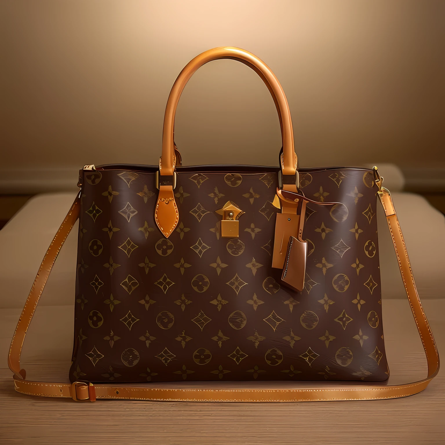 Louis Vuitton monogram canvas leather tote bag, luxury goods, brown ) ), ellegance, 8 0. Low voltage, Full front view, Wonderful, 8 l, 8l, Stunning, stunning visuals, elegant highly detailed, exquisitedetails, detailled image, Masterpiece works of art, right angled view, delicacy, Impeccable military composure