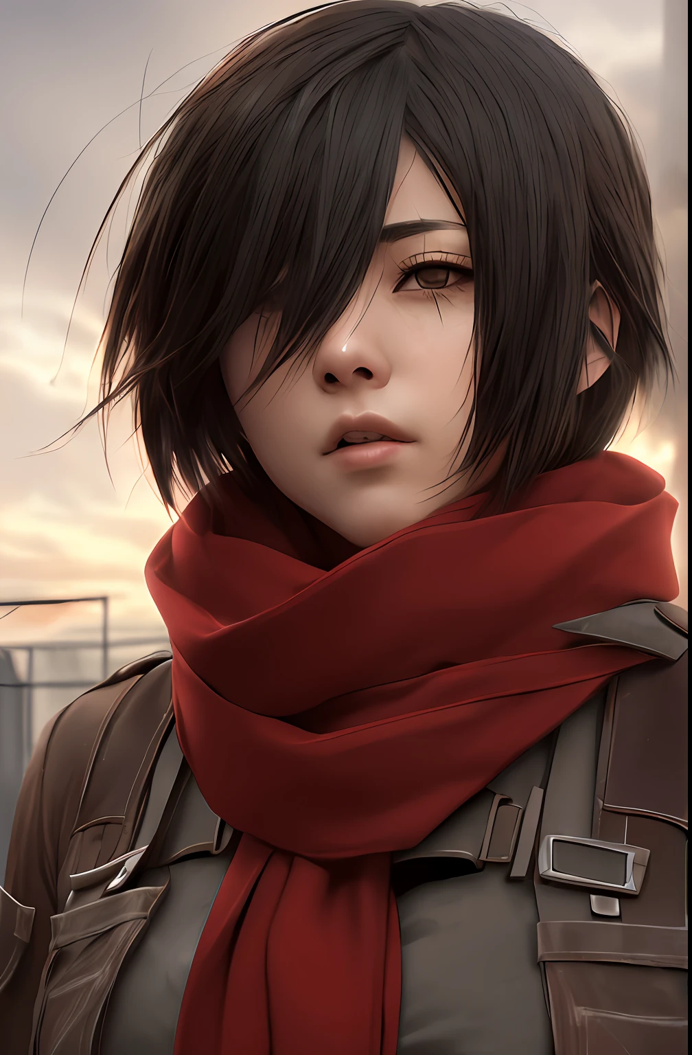 masterpiece,best quality,1girl,mikasa_ackerman,Red scarf,sky,gloomy,Combat posture,sinister gang,butyric,Minimalism,Impact art,ruins,black eyes,close up