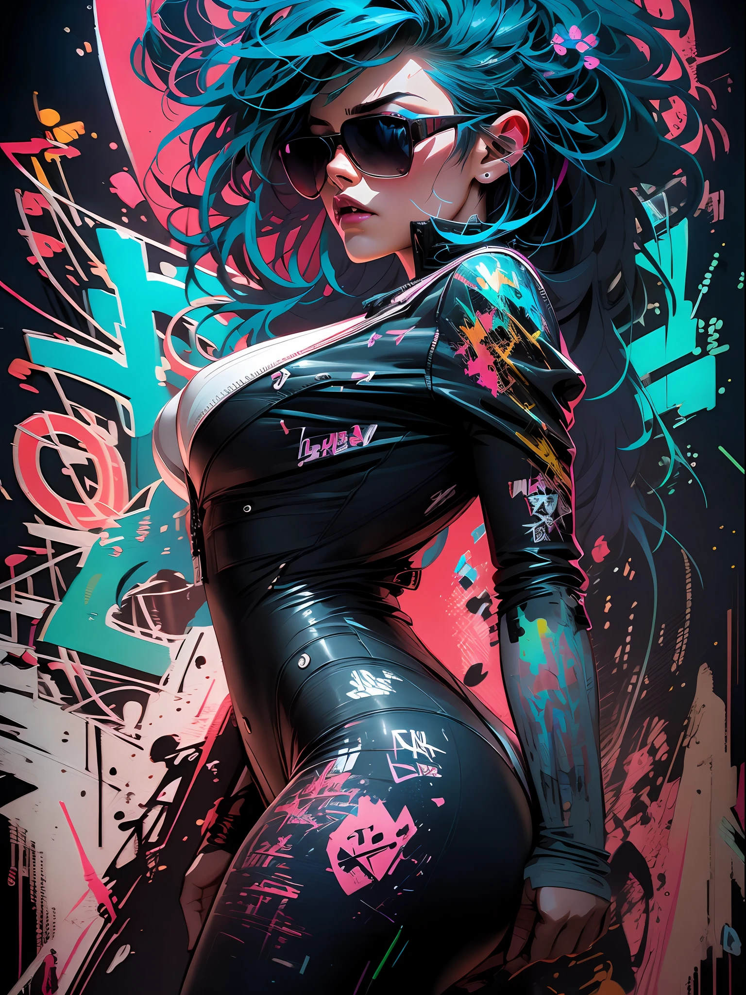 close up, full color painting of standing cyberpunk girl, sunglasses, high heel shoes, perfect hourglass figure, perfect huge tits, (((Graffiti art) (by Carne Griffiths))), red wall background, insane details, intricate details, hyperdetailed, low contrast, soft cinematic light, dim colors, exposure blend, hdr, front, (neon light:1.4), upper body, detailed skin, detailed eyes, realistic eyes, 20 megapixel, canon eos r3, detailed skin, detailed face, (TungstenDispo:1.2), raw photo, portrait of a business woman, (style by Flora Borsi), bold, bright colours, blue Mohawk haircut, ((Flora Borsi)), dslr, dramatic lighting, high quality, film grain, Fujifilm XT3, (strong backlight:1.1), analog style (liminal space), by Syd Mead, by Andr Kertsz, by Tadao Ando
