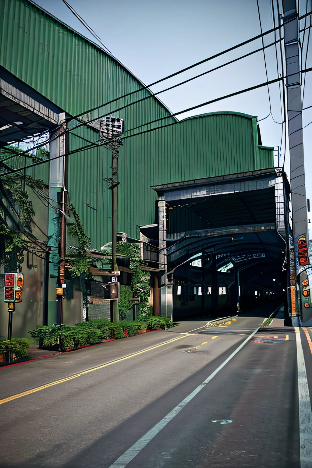 Sunny day,City, Metal steel structure building on subway or tunnel,pole, (Car), (hdr:1.25), (Intricate details:1.14), (hyperrealistic 3 d render:1.16), (cinematic ligh:0.55)