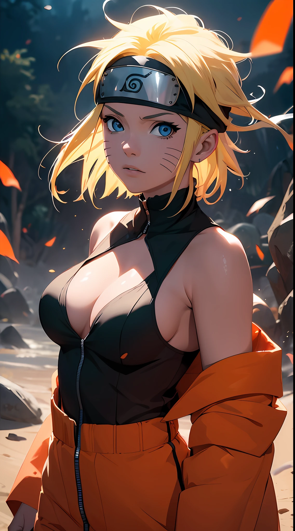 Naruto Uchiha Vortex is super realistic，detail-rich，Super short blonde hair，（Off-the-shoulder attire：1.3），Orange clothes，Forehead，one-girl，Large breasts，cleavage，Be red in the face，best qualityer，tmasterpiece, Johnny Depp walks across the beach at night among fireflies，sharp fokus, contrasty lighting, Delicate skin, High resolution 8K, insanely details, realisticlying, professional photoshooting, 8K  UHD, SLR camera, softlighting, high high quality, filmgrain, Fujifilm XT3，Keep one's mouth shut，particle fx