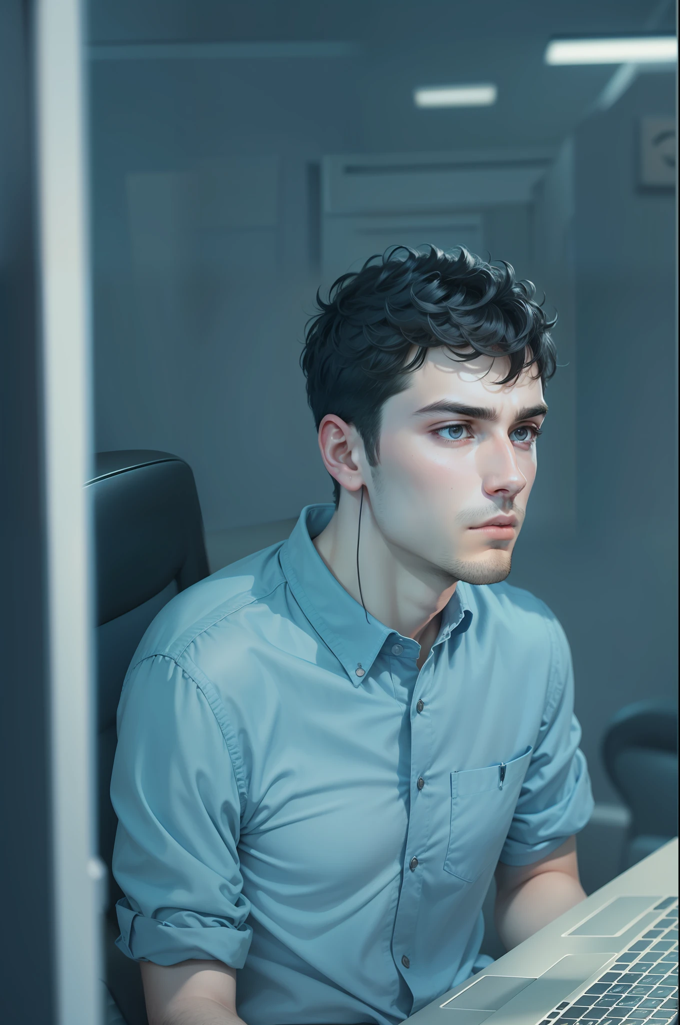 Ultra realistic image of a 25 year old man, short black hair, dressed in a blue shirt, sitting in front of a computer with a pensive expression, a scenario of a work environment